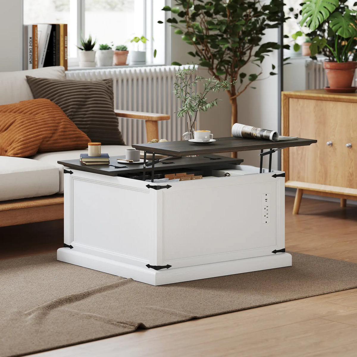 Lift Top Coffee Table, Square Farmhouse Center Table, White Wood Grain, White Coffee Tables at Gallery Canada