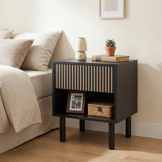 Modern Bedside Table with Drawer and Open Shelf, Sofa Side Table for Bedroom Living Room, Black Bedside Tables Black at Gallery Canada