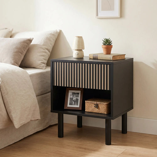 Modern Bedside Table with Drawer and Open Shelf, Sofa Side Table for Bedroom Living Room, Black