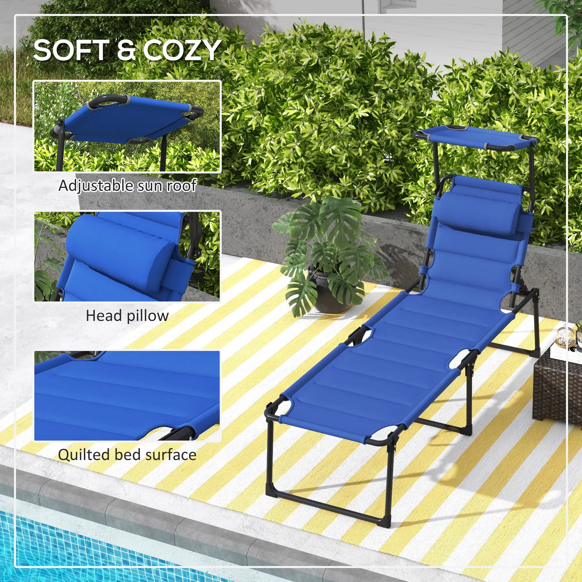Folding Chaise Lounge, Adjustable Sunroof, Quick Dry Padded, Outdoor, Blue Lounger Chairs at Gallery Canada