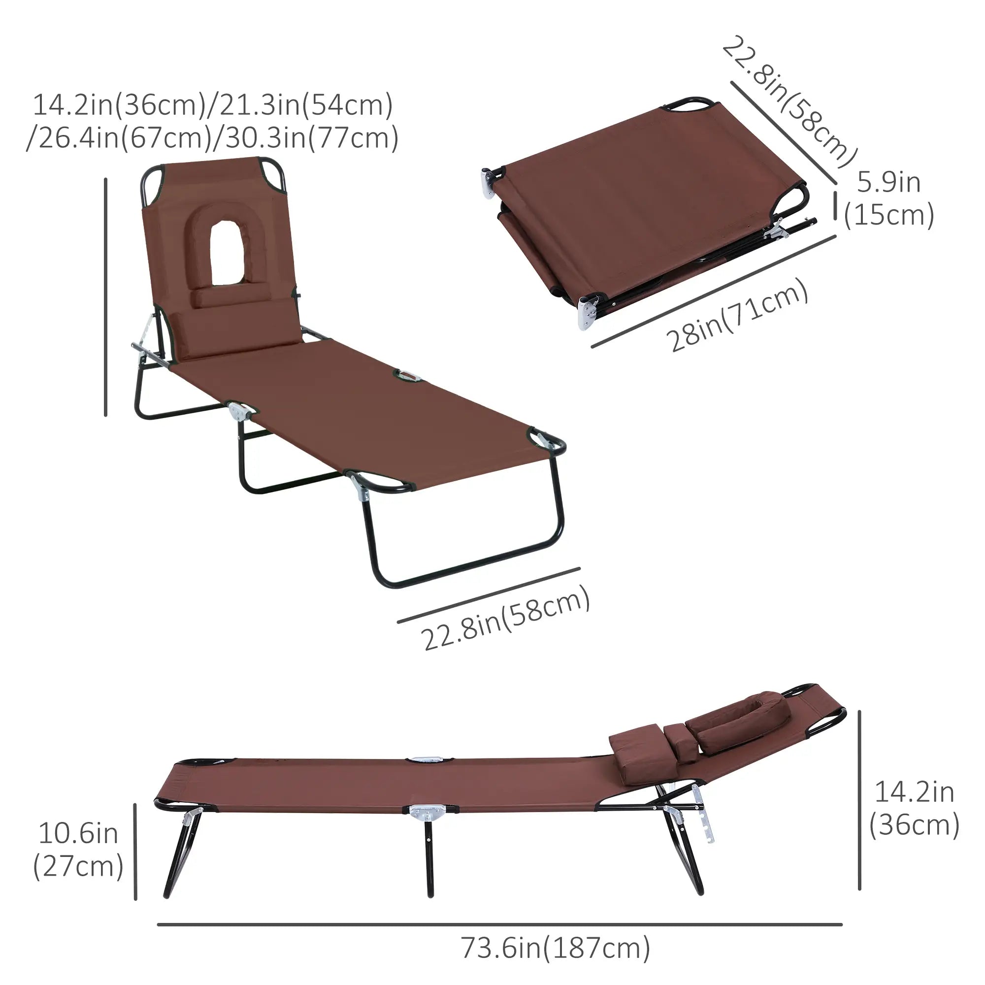 Adjustable Outdoor Lounge Chair, Folding Chaise with Face Hole, Brown Lounger Chairs at Gallery Canada