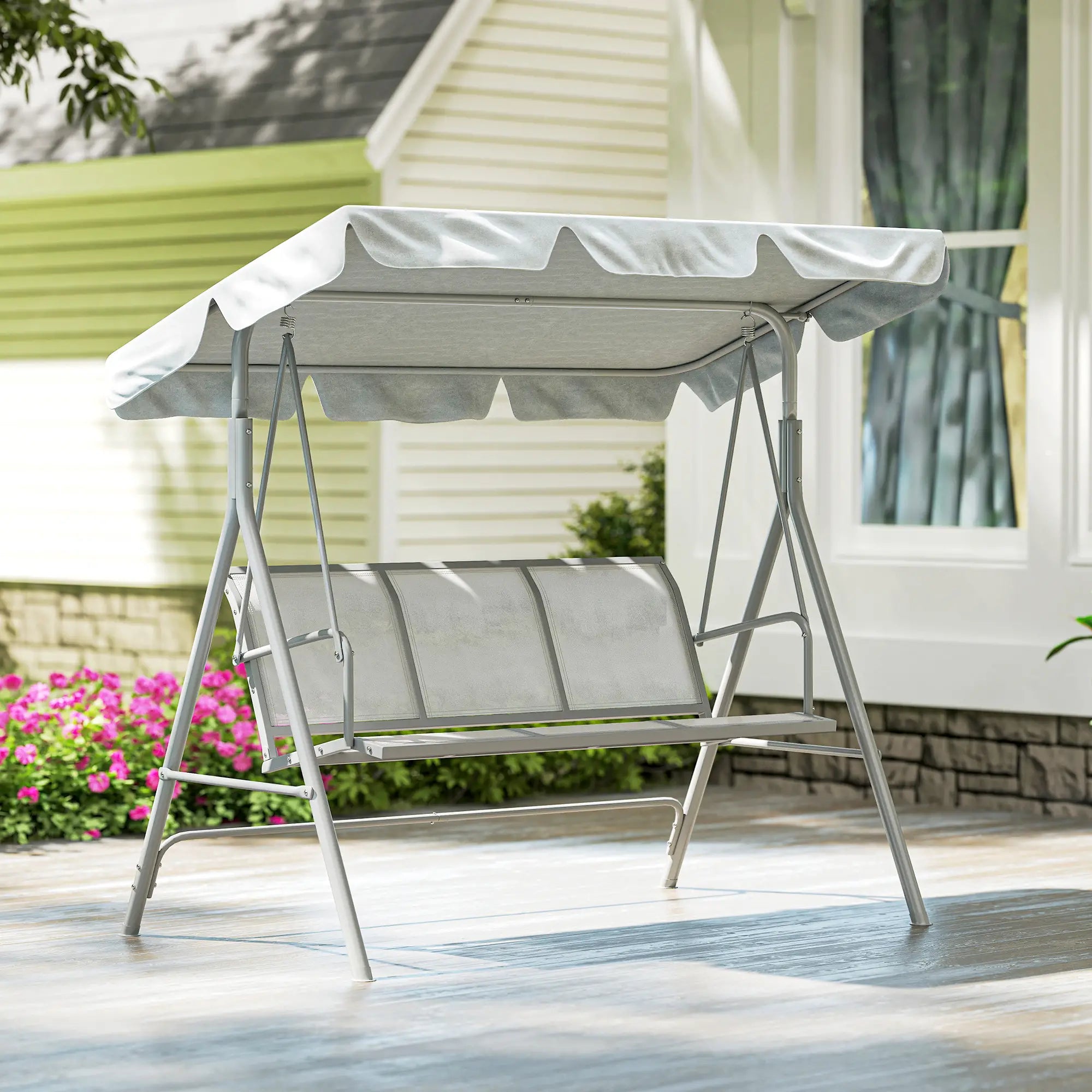3-Seater Outdoor Swing Chair, Patio Swing with Canopy, Light Grey Patio Swings with Stand at Gallery Canada
