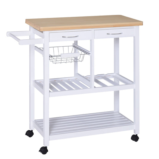 Wooden Rolling Kitchen Trolley Wood Top Island Storage Serving Cart Included Wine Rack with Drawers White - Gallery Canada