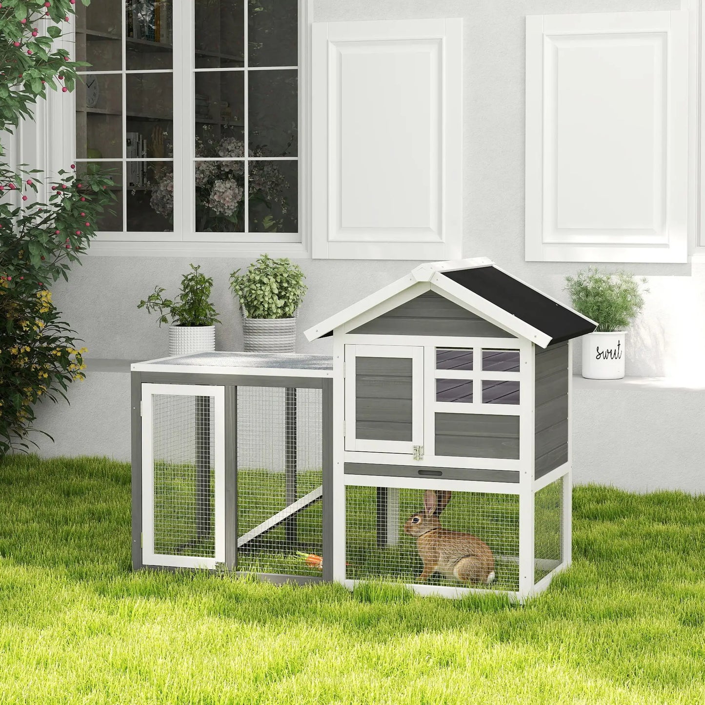 48" Weatherproof Wooden Rabbit Hutch, Slant Roof, Screened Run, Grey Rabbit Hutch at Gallery Canada