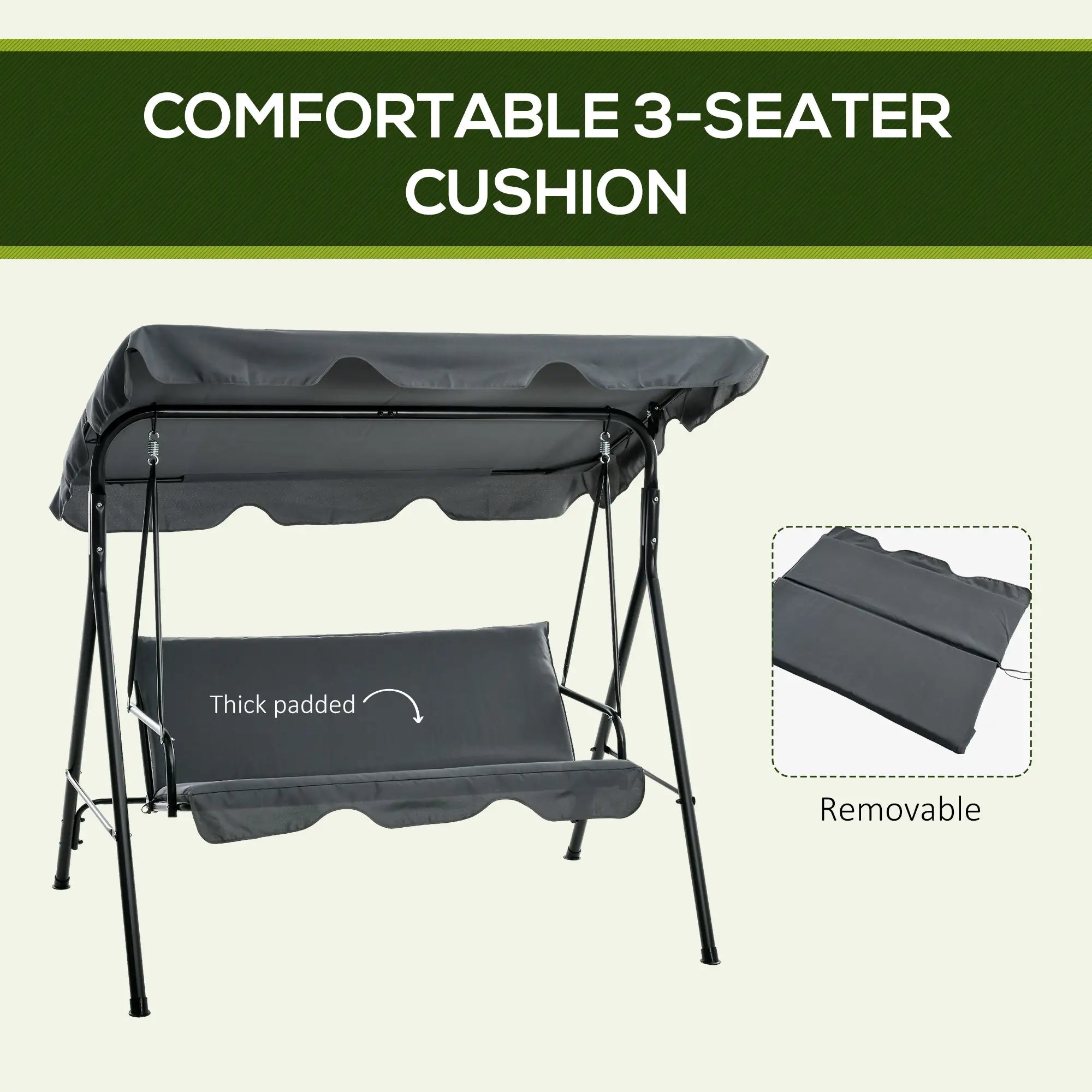 3-Seater Outdoor Porch Swing, Adjustable Canopy, Grey Porch Swings with Canopy at Gallery Canada