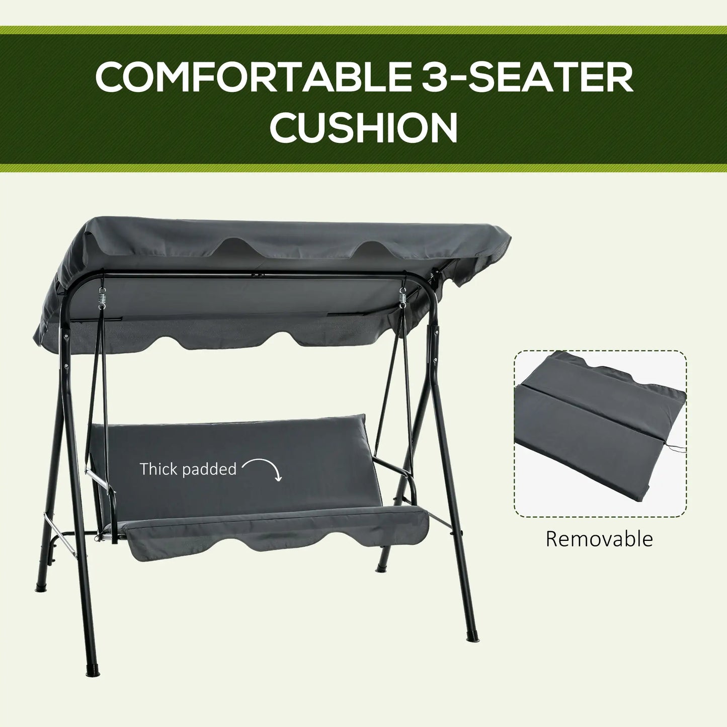 3-Seater Outdoor Porch Swing, Adjustable Canopy, Grey Porch Swings with Canopy at Gallery Canada