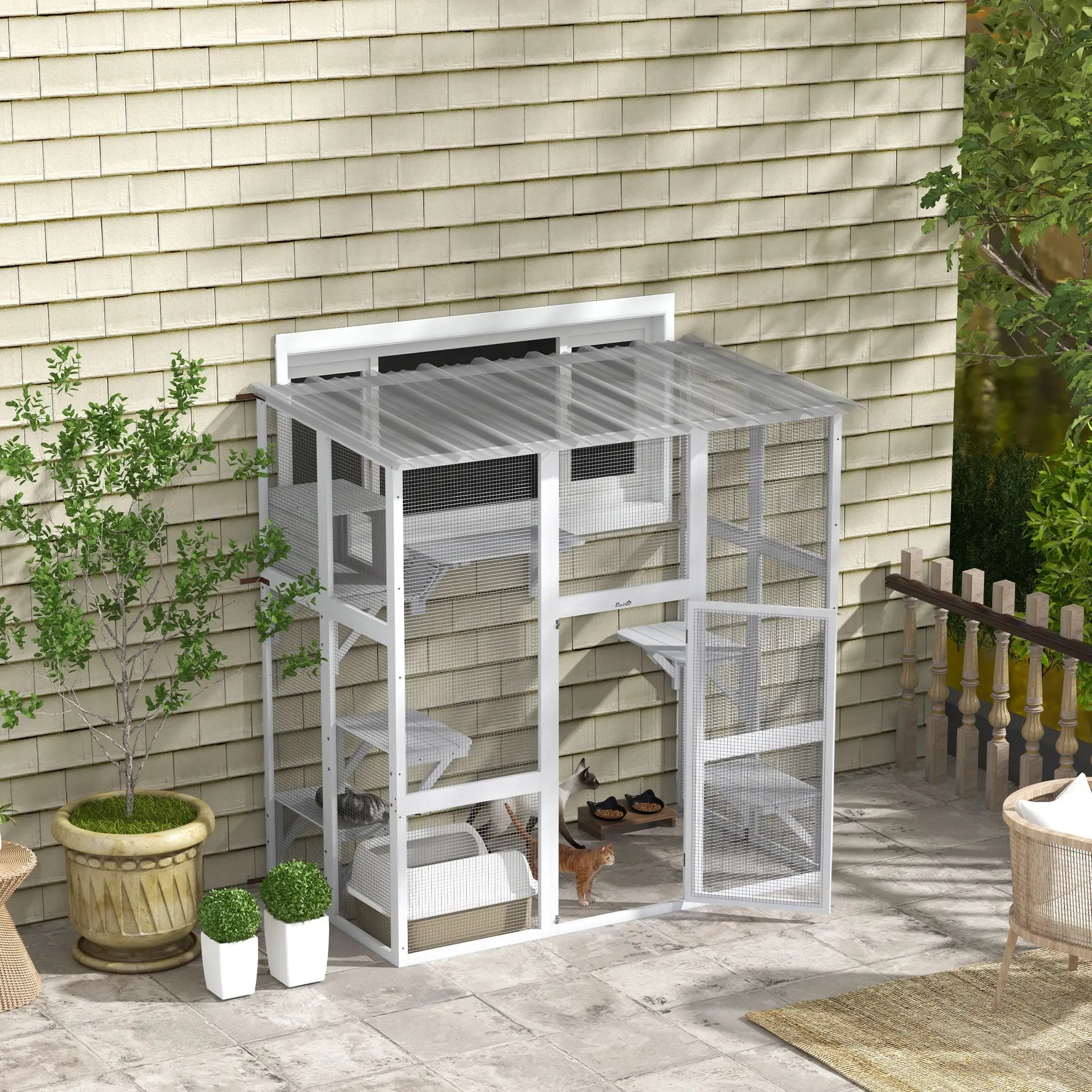 Outdoor Cat Enclosure, Window Box, Weatherproof Roof, Bridge, Resting Box, Platforms, for 2 Kittens, White Outdoor Cat Enclosures at Gallery Canada