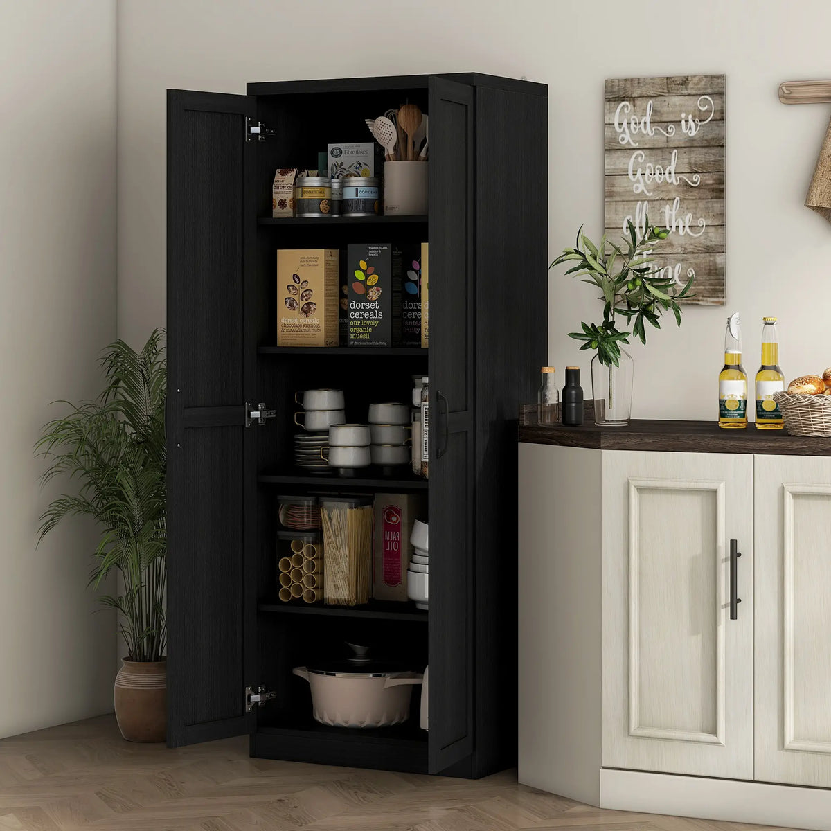 63" Kitchen Storage Cabinet, 5-Tier Pantry with Doors, Adjustable Shelves, Black Kitchen Pantry Cabinets at Gallery Canada