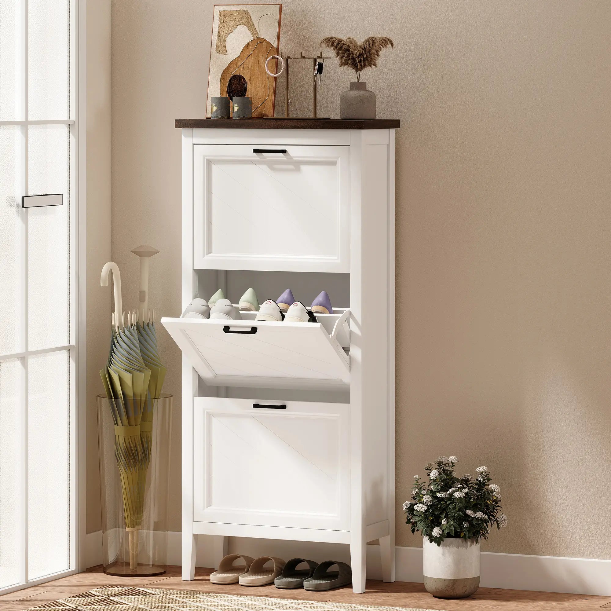 Shoe Cabinet with 3 Flip Drawers, Farmhouse Narrow Shoe Storage Cabinet with Adjustable Shelves, White Shoe Storage Cabinets & Racks at Gallery Canada
