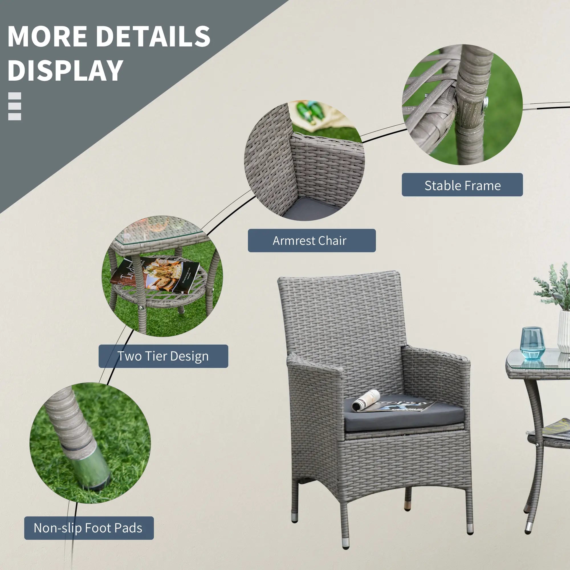 3-Piece Wicker Patio Set, Rattan Bistro with Glass Table, Grey Bistro Sets at Gallery Canada