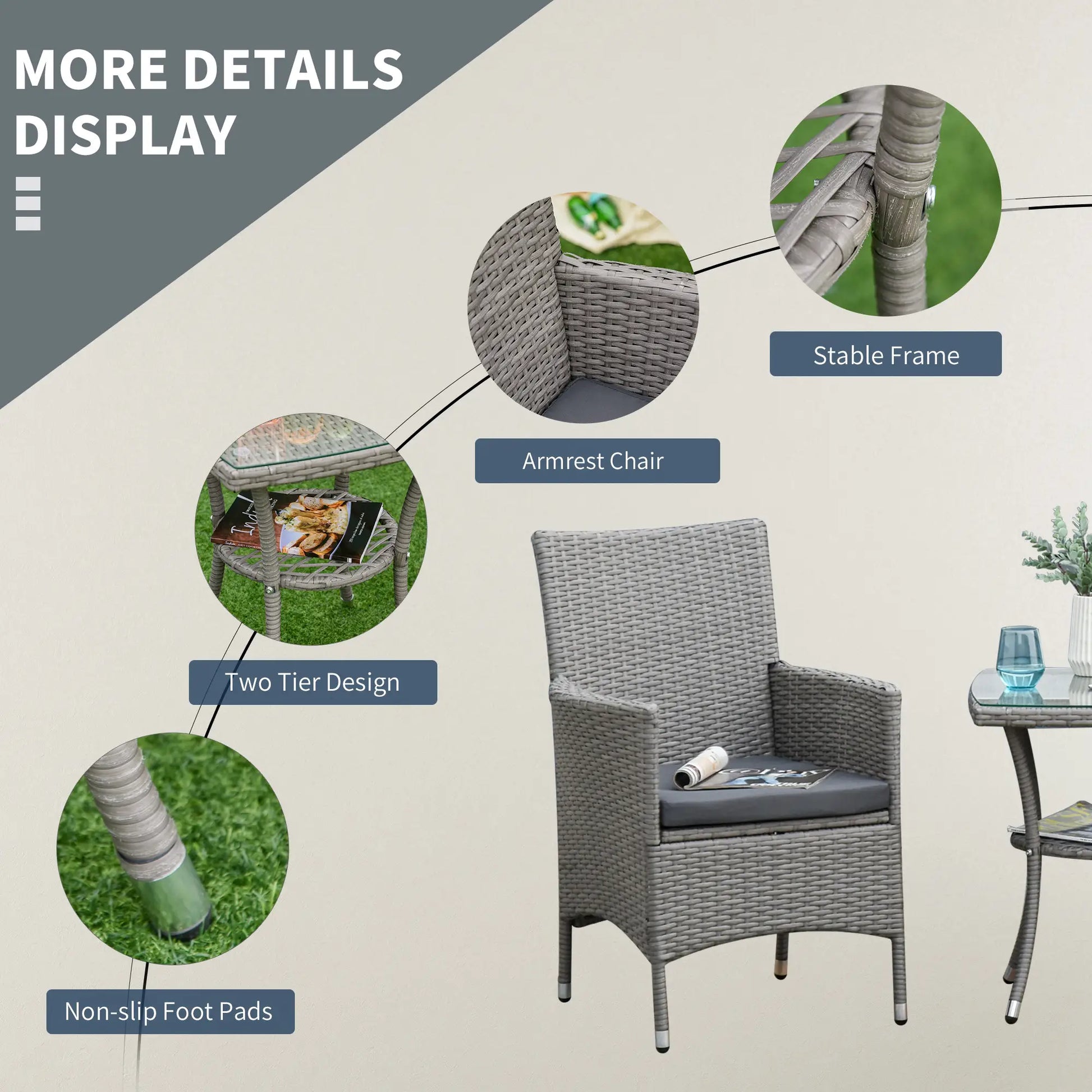 3-Piece Wicker Patio Set, Rattan Bistro with Glass Table, Grey Bistro Sets at Gallery Canada