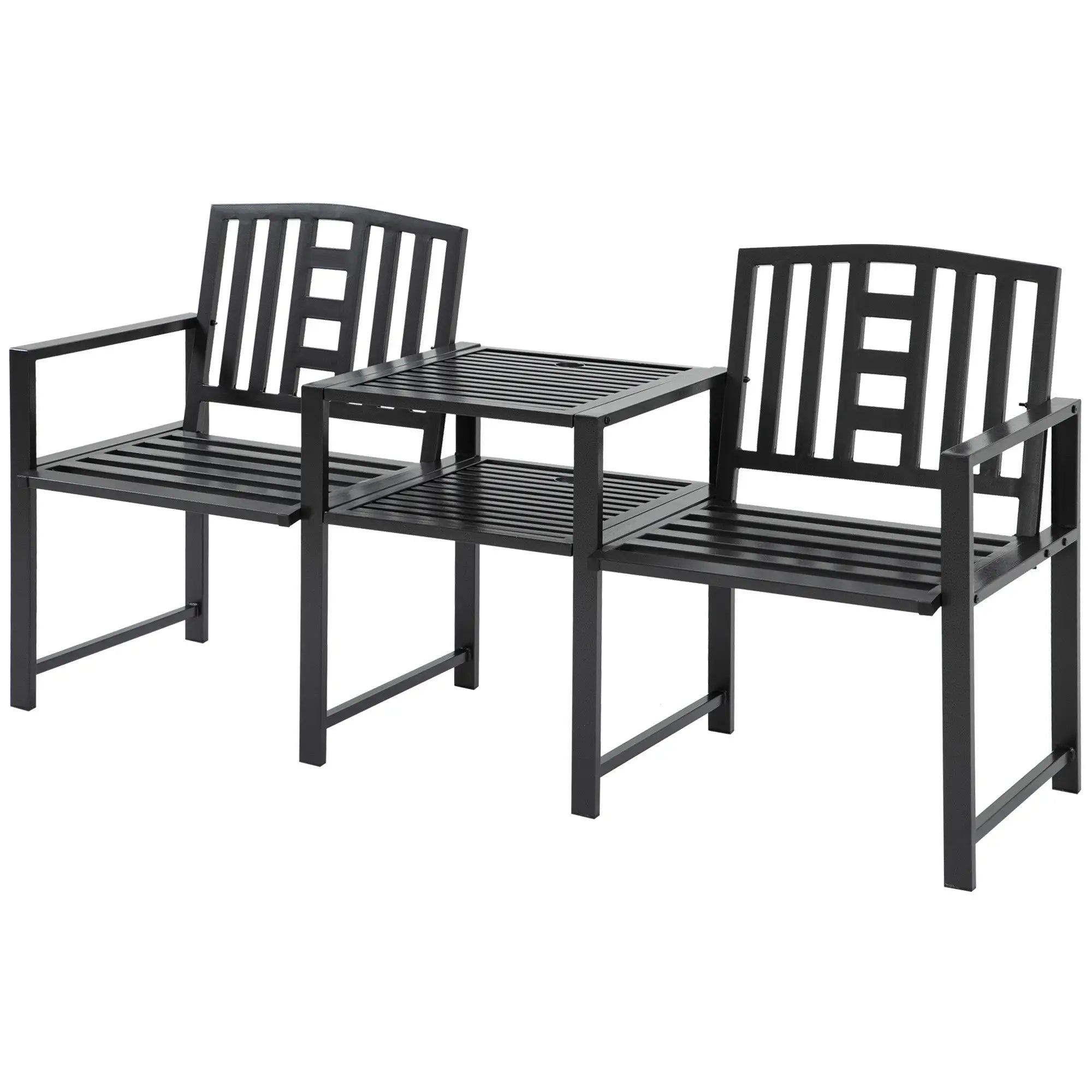 Steel Garden Bench With Middle Table, Umbrella Hole, Double Seat, Outdoor, Black Outdoor Benches at Gallery Canada