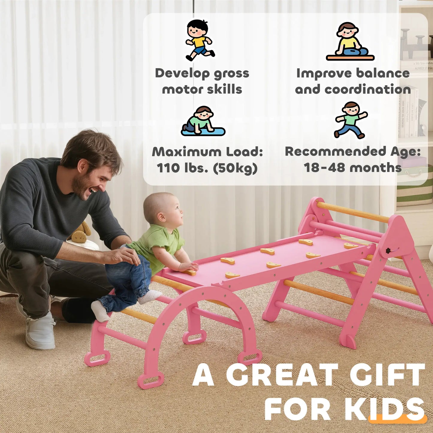 7-in-1 Pikler Triangle Set, Foldable Wooden Climbing Toys, Pink Kids Gym & Playmats at Gallery Canada