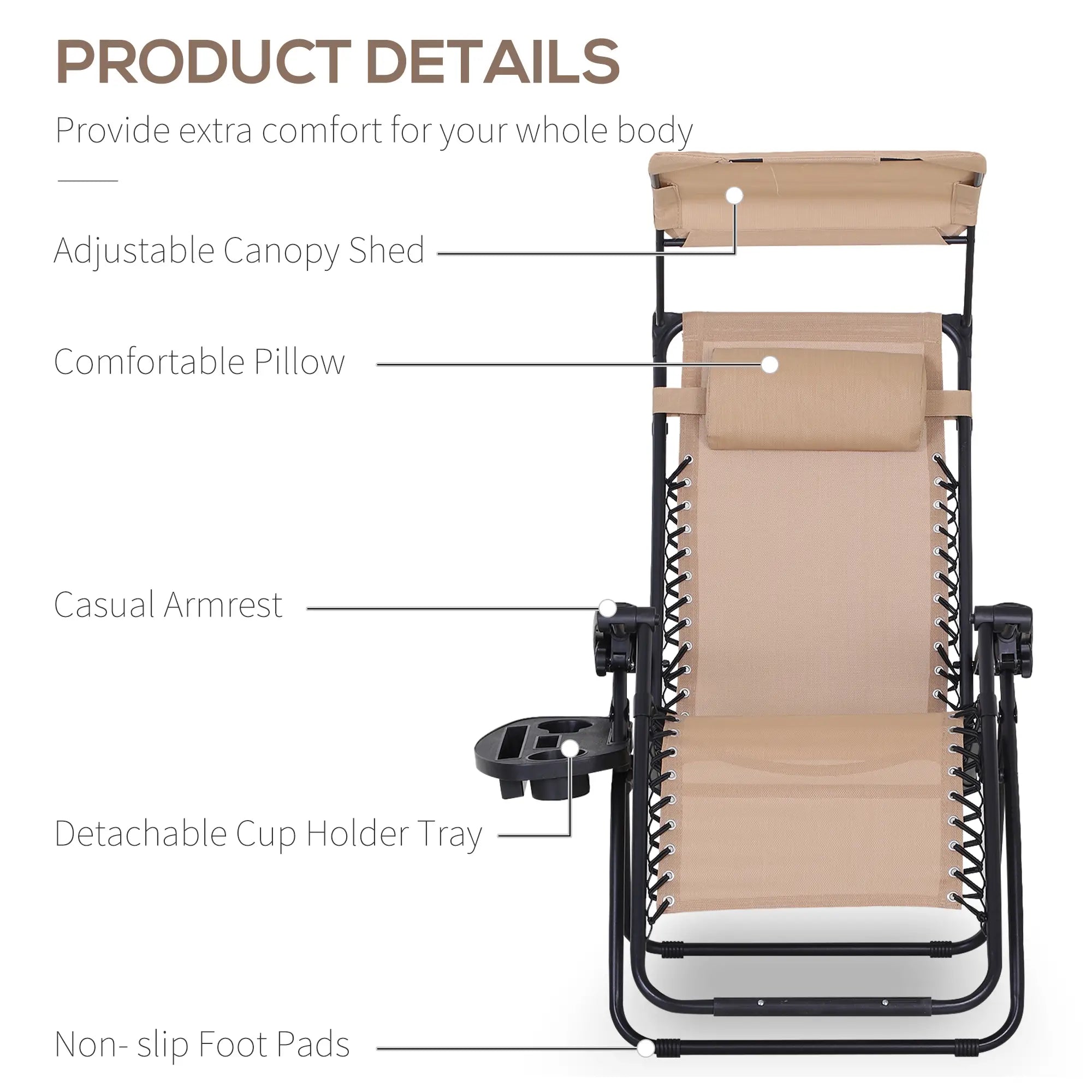 Zero Gravity Reclining Lounger Chair, Canopy Shade, Side Tray, Cupholder, Beige Lounger Chairs at Gallery Canada