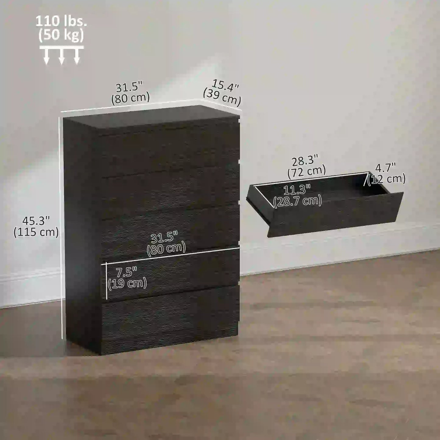 5 Drawer Dresser, Modern Chest for Bedroom, Black Storage Cabinets at Gallery Canada