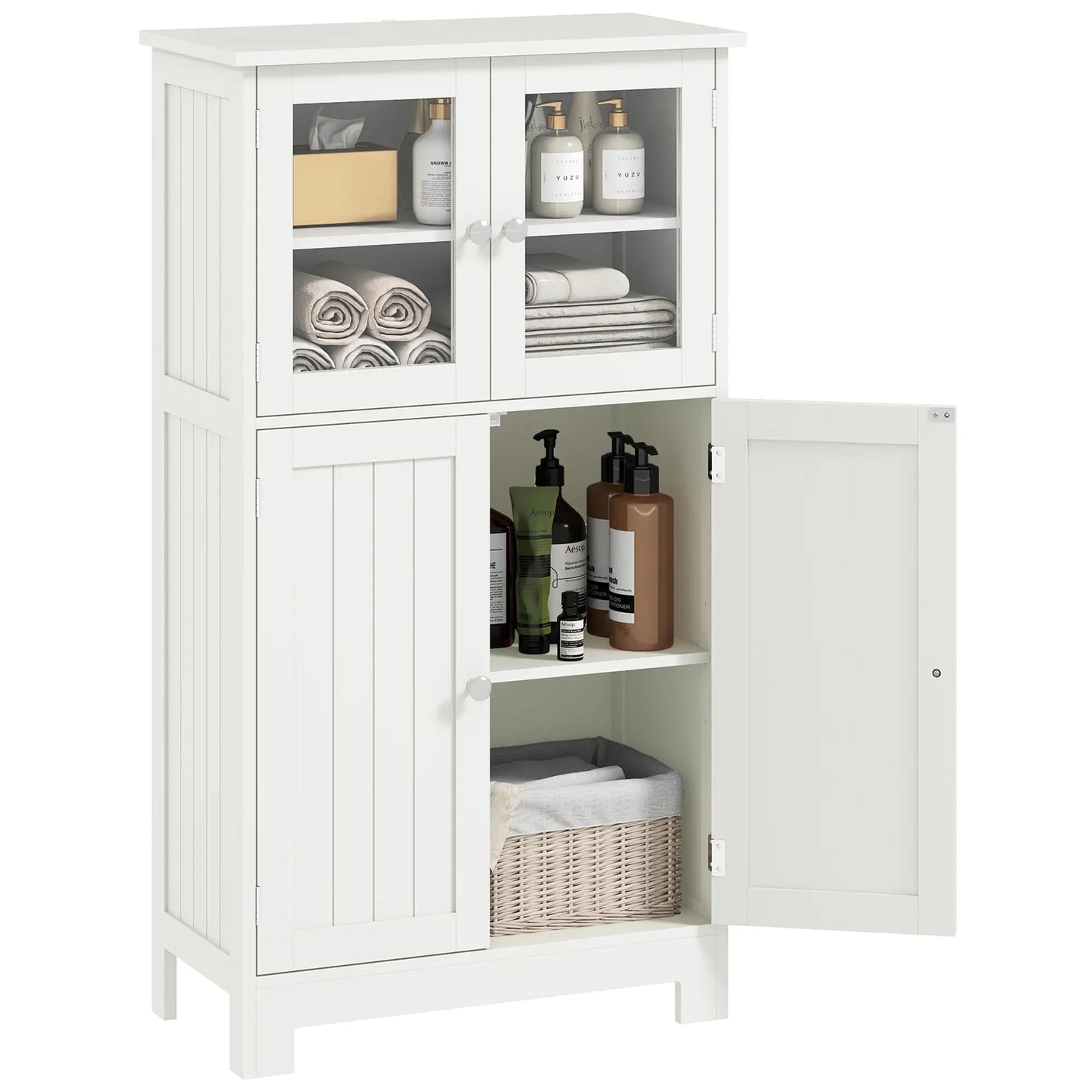 Bathroom Floor Storage Cabinet, Tempered Glass Doors, Adjustable Shelf, White Bathroom Cabinets White at Gallery Canada