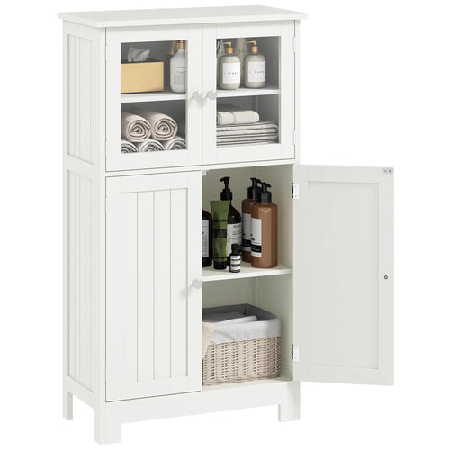 Bathroom Floor Storage Cabinet, Tempered Glass Doors, Adjustable Shelf, White