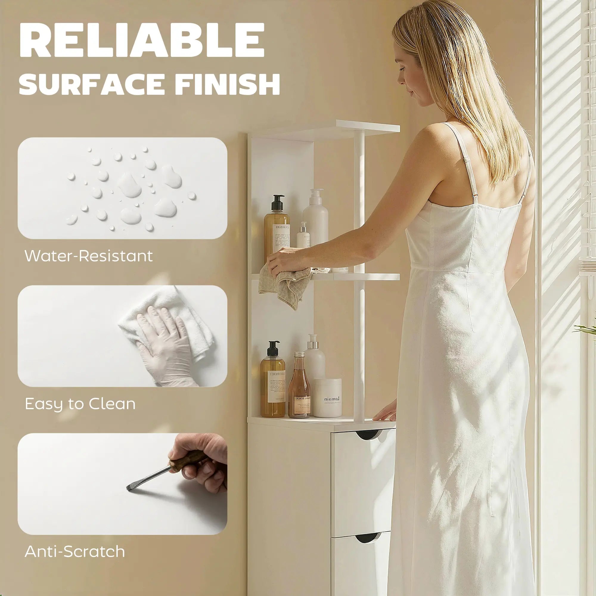 Tall Narrow Bathroom Storage Cabinet, Drawers and Open Shelves, White Bathroom Cabinets at Gallery Canada