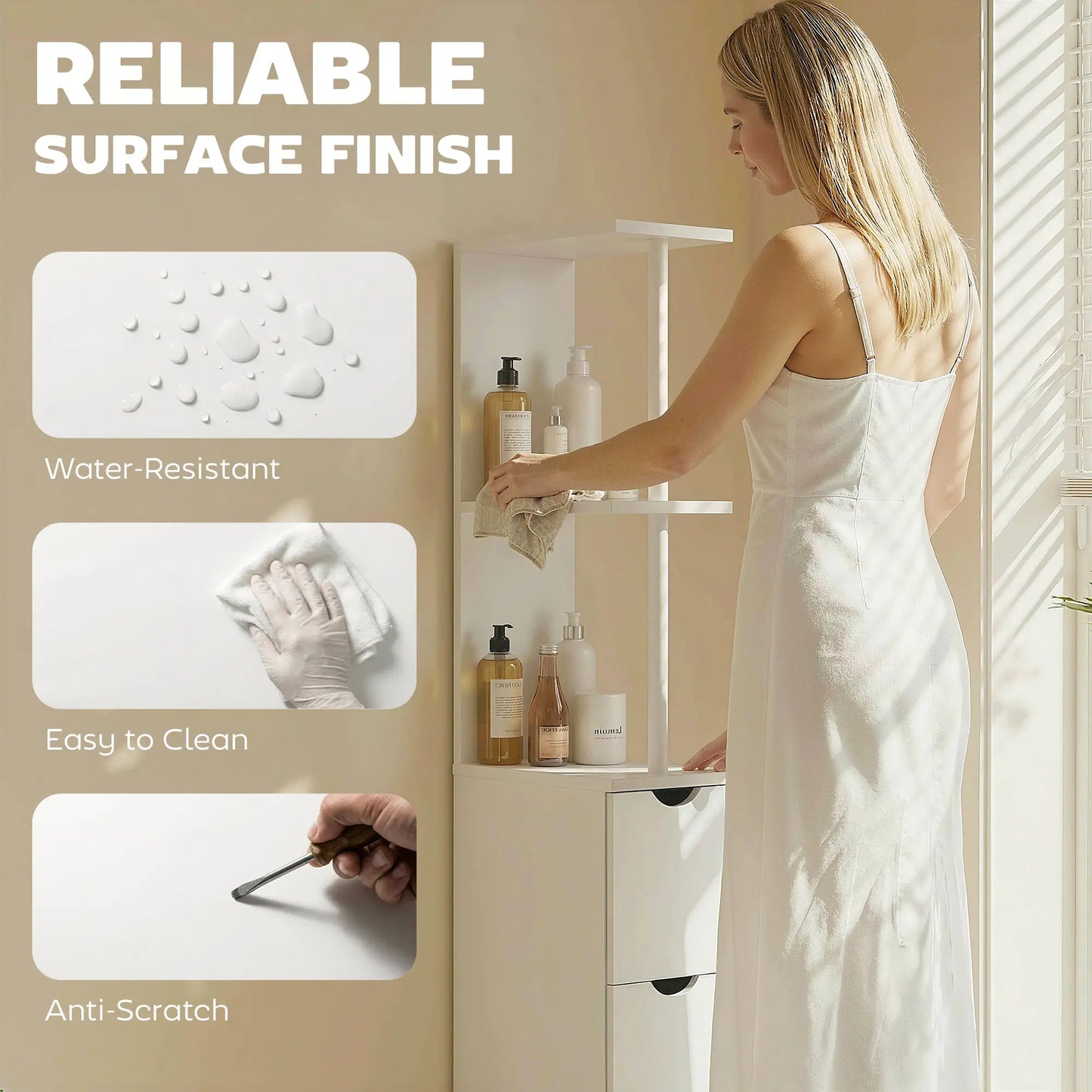Tall Narrow Bathroom Storage Cabinet, Drawers and Open Shelves, White Bathroom Cabinets at Gallery Canada