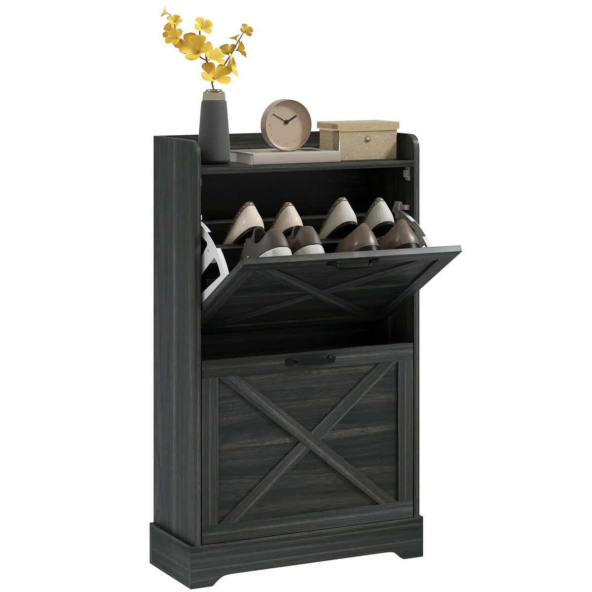 Slim Shoe Storage Cabinet, 2 Flip Drawers, Adjustable Shelves, Distressed, Grey