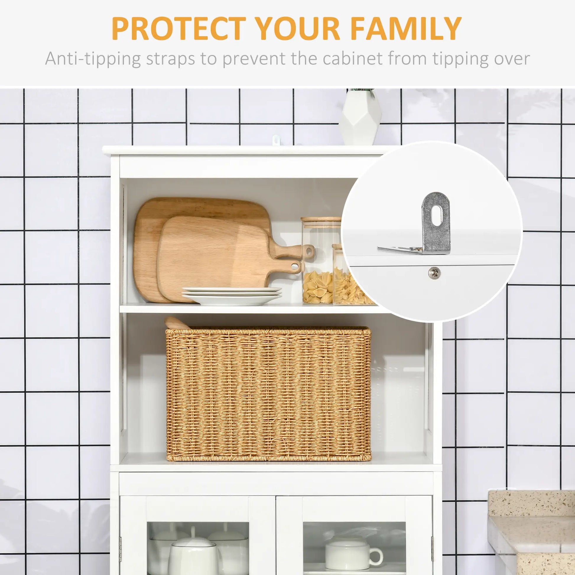 63" Small Buffet with Hutch, 4-Door Kitchen Pantry, Adjustable Shelf, White Kitchen Pantry Cabinets at Gallery Canada