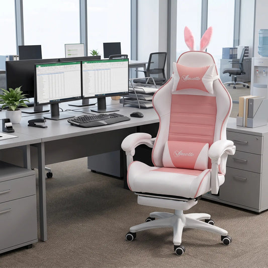 Racing Gamer Chair, PU Leather with Footrest, Headrest, Lumbar Support, Pink Video Game Chairs Pink, White at Gallery Canada