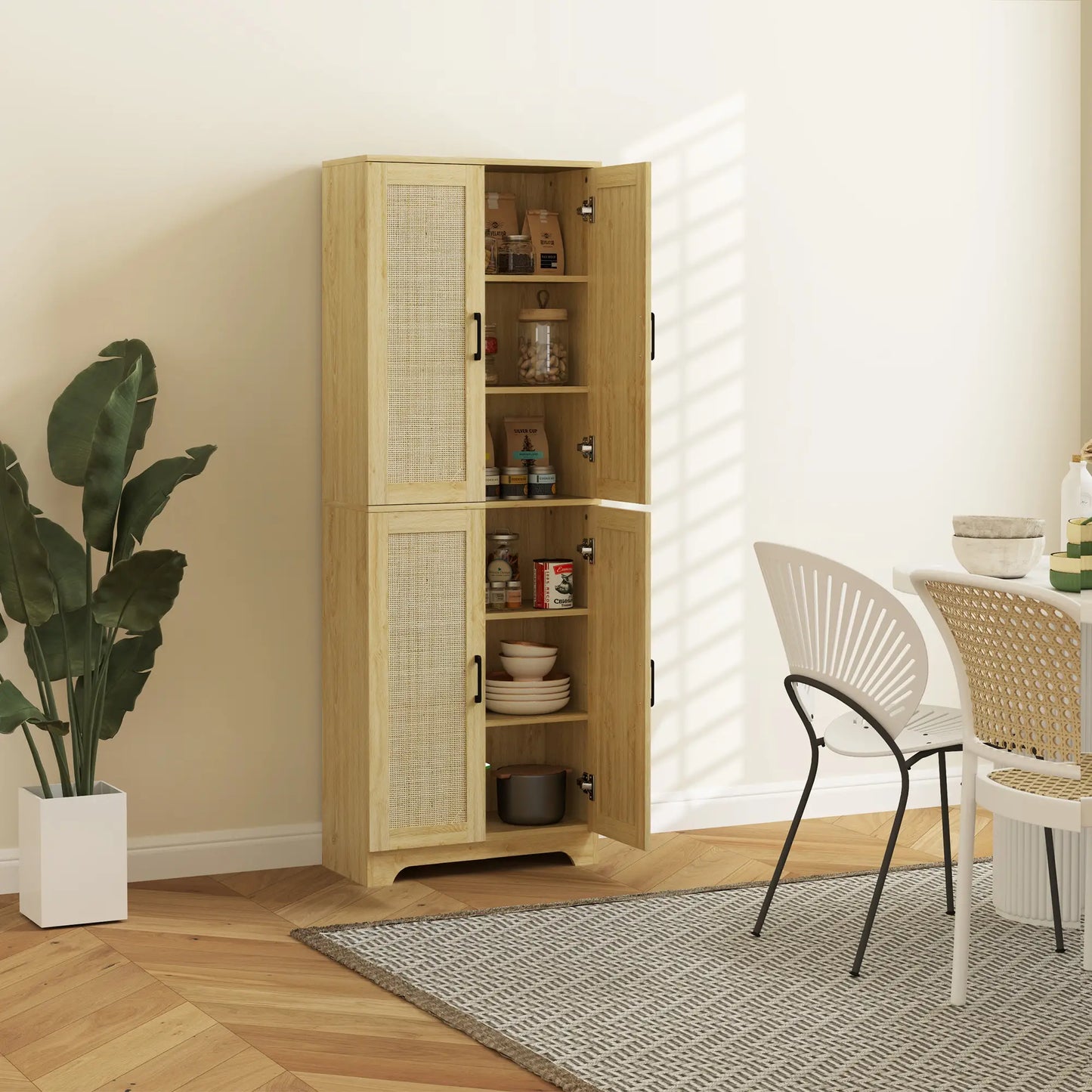 67" Tall Kitchen Pantry, Freestanding Cabinet, 4 Rattan Doors, Adjustable Shelves, Oak Storage Cabinets at Gallery Canada