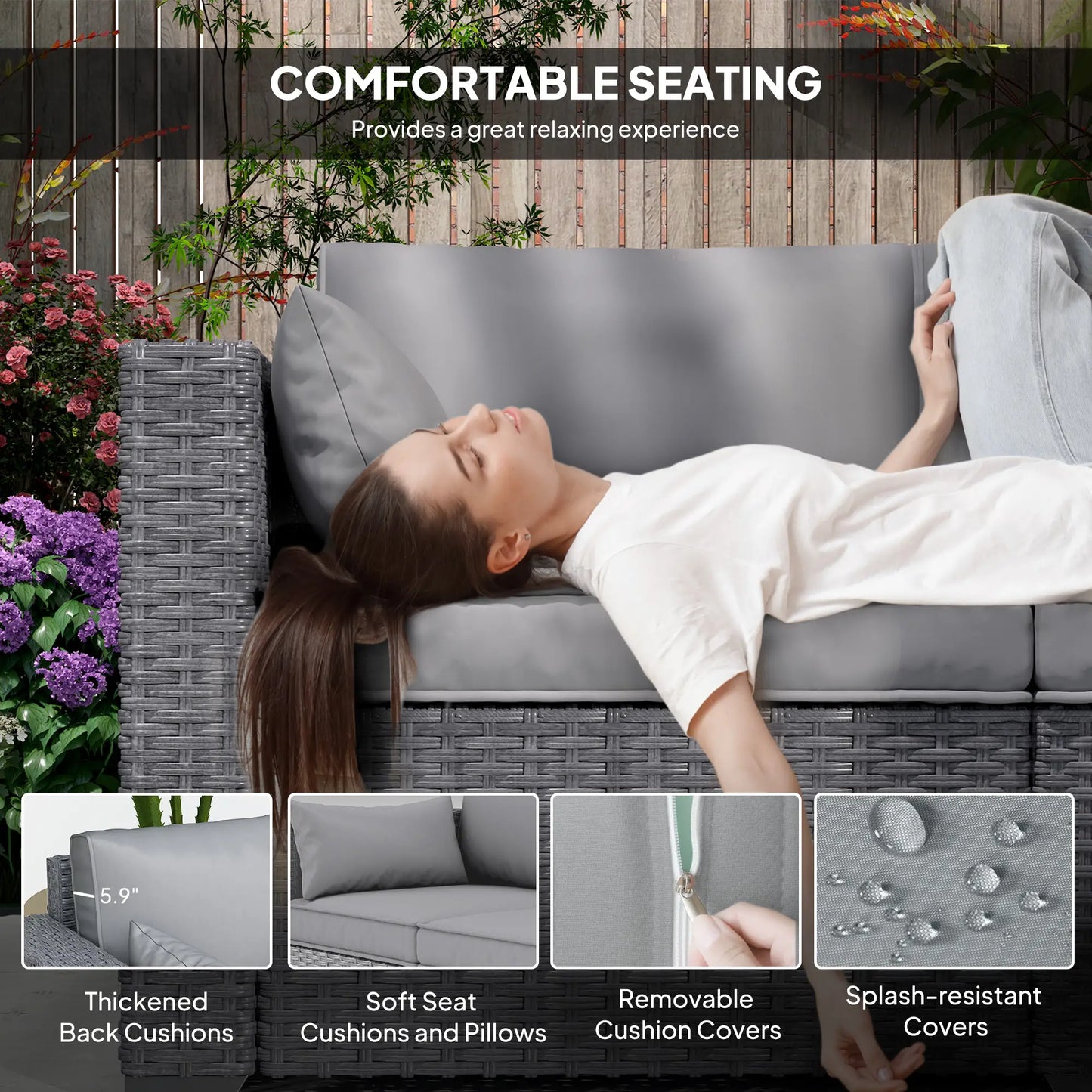 3 Seater Wicker Patio Sofa, 6" Thick Cushions, Deep Seating, Grey Patio Furniture Sets at Gallery Canada