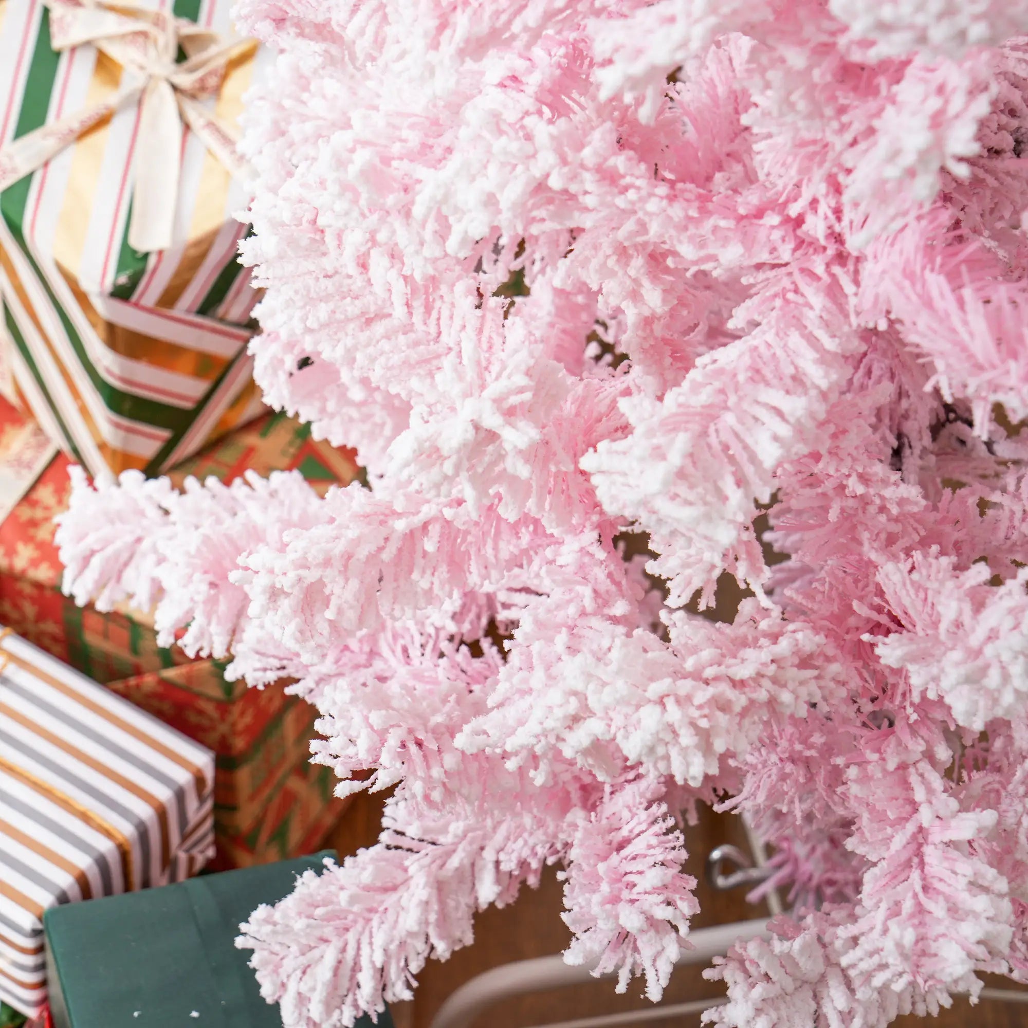 4 ft Flocked Pencil Christmas Tree, Realistic Branches, Auto Open, Steel Base, Pink Pencil Christmas Trees at Gallery Canada