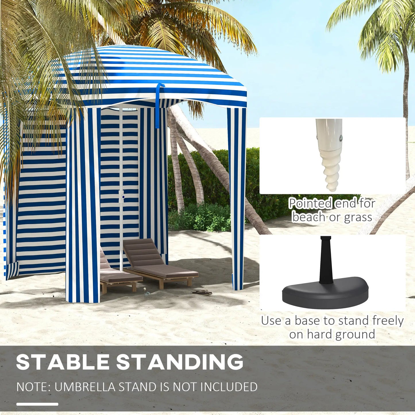 70.1" L x 70.1" W Cabana Umbrella With Walls, Vents, Ruffles, Carry Bag, Blue White Stripe