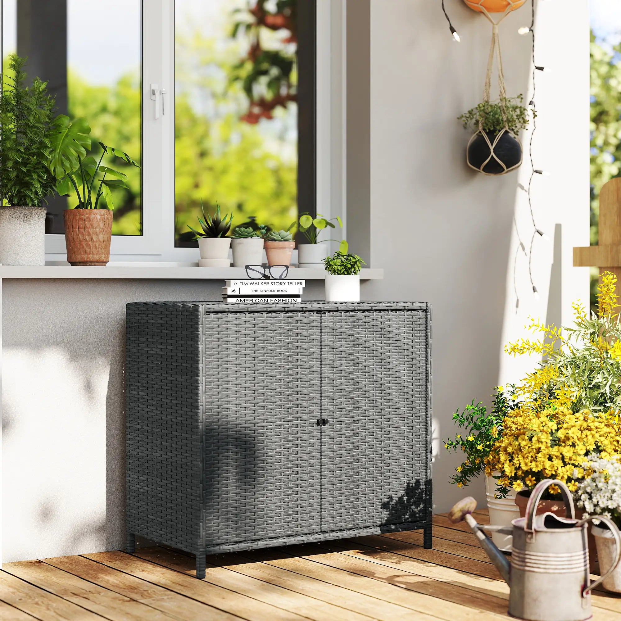 Outdoor Storage Cabinet, Double Magnetic Doors, PE Rattan Towel Rack, Dark Grey Patio Storage Boxes at Gallery Canada