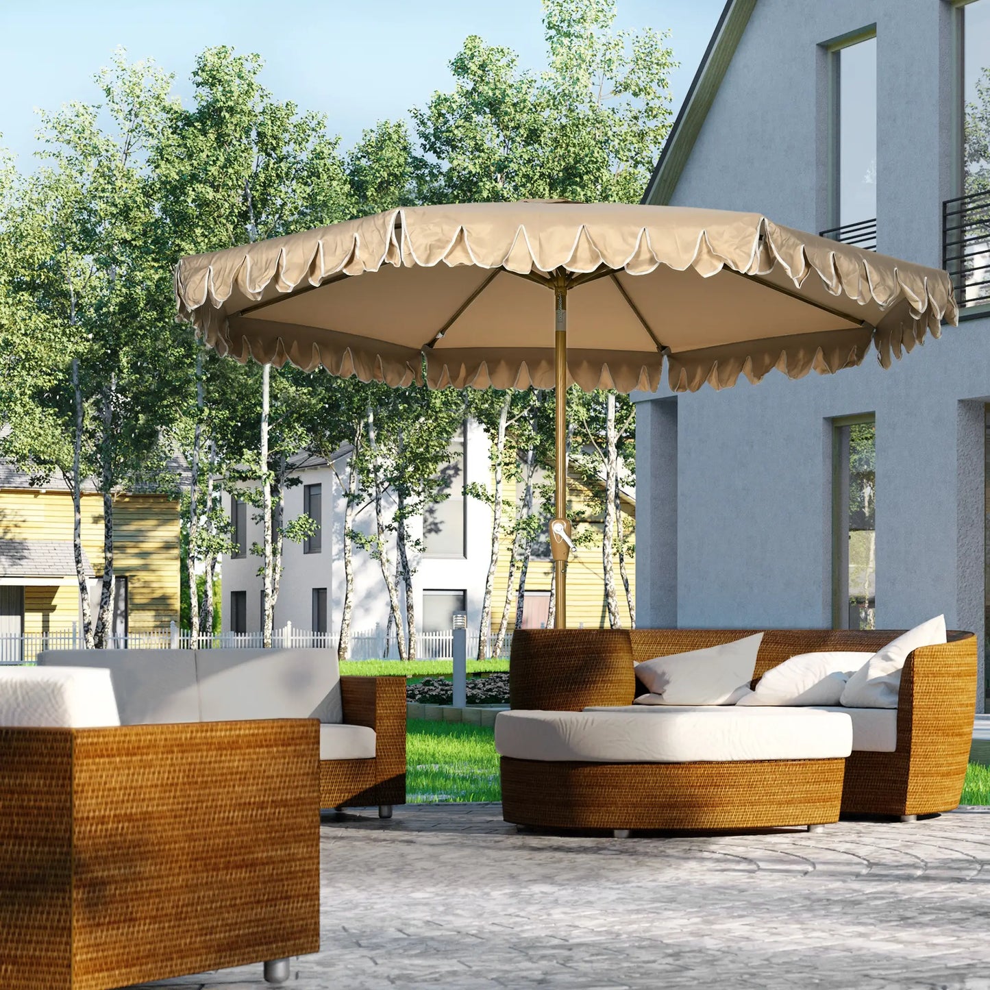 9 ft Outdoor Patio Umbrella, Push Button Tilt Crank, Khaki Patio Umbrellas at Gallery Canada