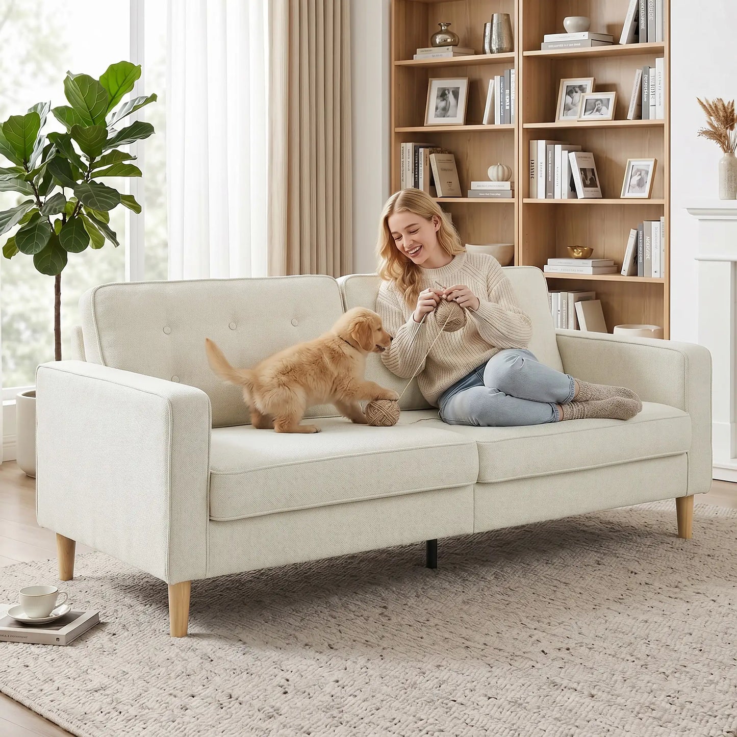 3 Seater Sofa Upholstered with Padded Cushion Modern Button Tufted Couch with Wood Legs, Cream White 3-Seater Sofas at Gallery Canada