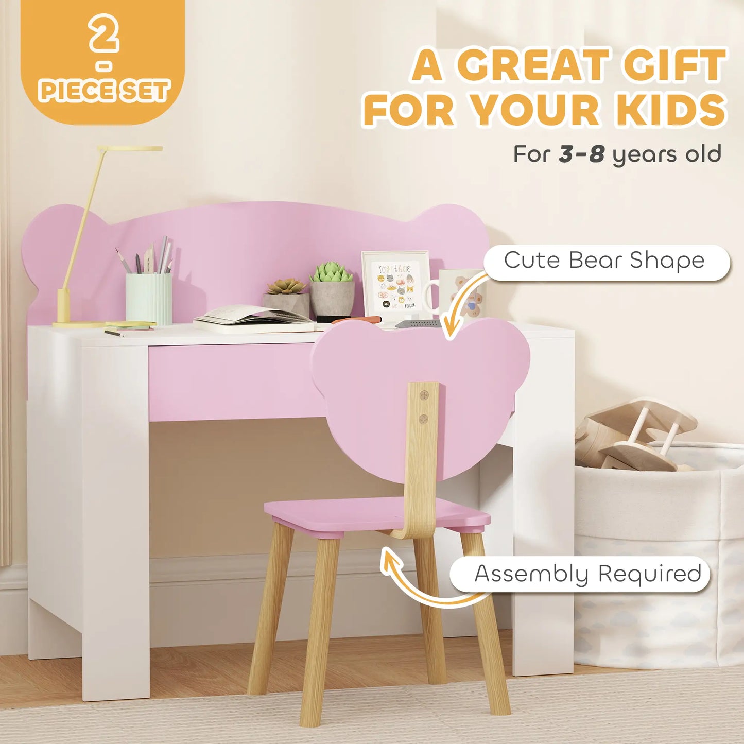 Kids Desk and Chair Set, Bear Theme, for Bedroom, Pink Kids Desk Sets at Gallery Canada