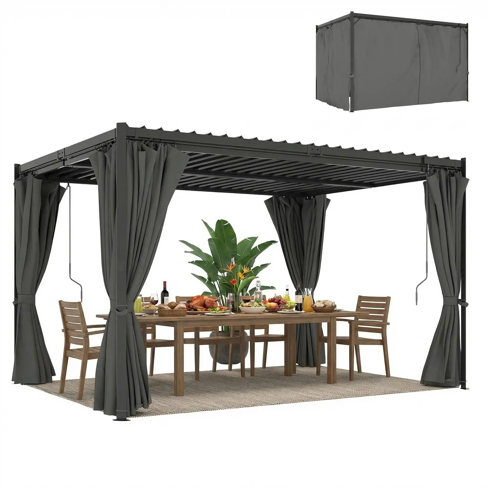 10 x 13 Ft Louvered Pergola With Steel Roof, Curtains, Grey Pergolas at Gallery Canada