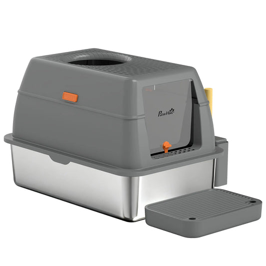 XL Stainless Steel Cat Litter Box, 80L with Front Top Entry, Trapping Step, Scoop, for Large Cats Cat Litter Box Enclosures Dark Grey at Gallery Canada