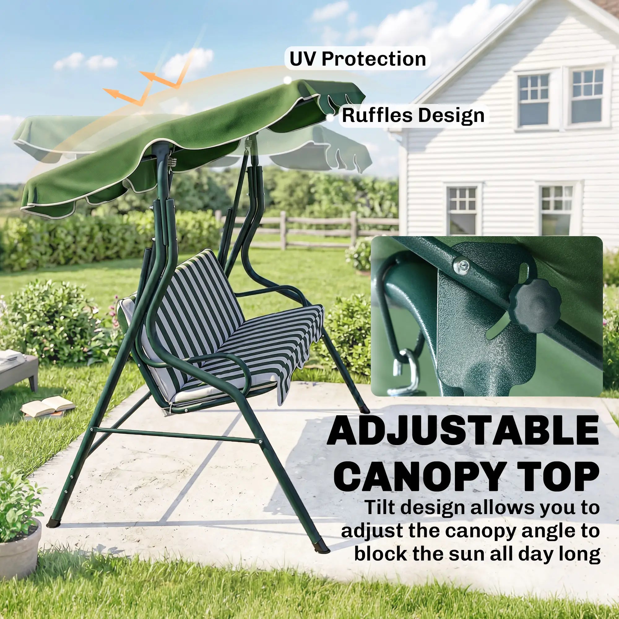 Outdoor Porch Swing, Adjustable Canopy, 3-Seater, Green Patio Swings with Stand at Gallery Canada