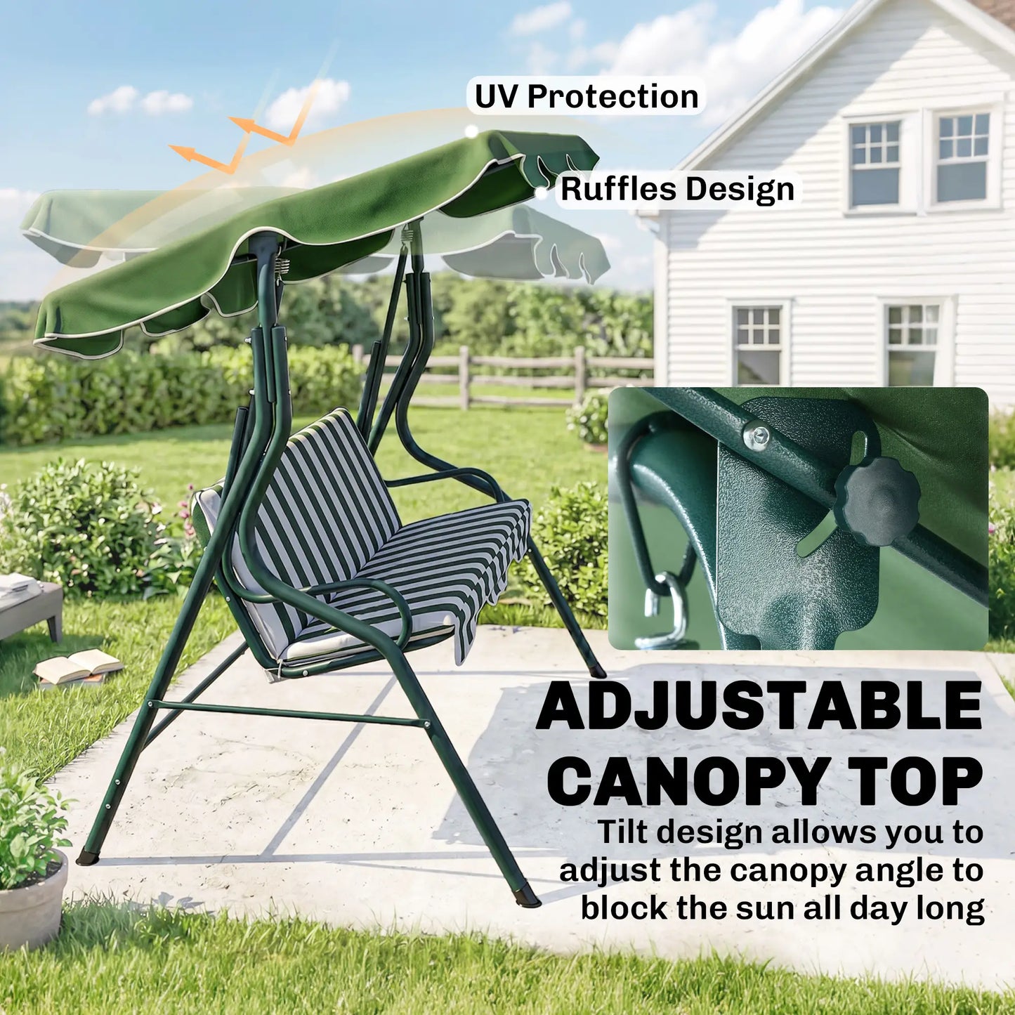 Outdoor Porch Swing, Adjustable Canopy, 3-Seater, Green Patio Swings with Stand at Gallery Canada