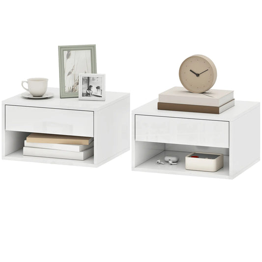 Floating Bedside Tables, Set of 2, Wall-Mounted Nightstand, High Gloss White, White Bedside Tables High Gloss White at Gallery Canada