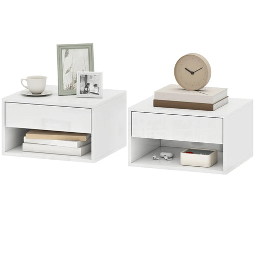 Floating Bedside Tables, Set of 2, Wall-Mounted Nightstand, High Gloss White, White