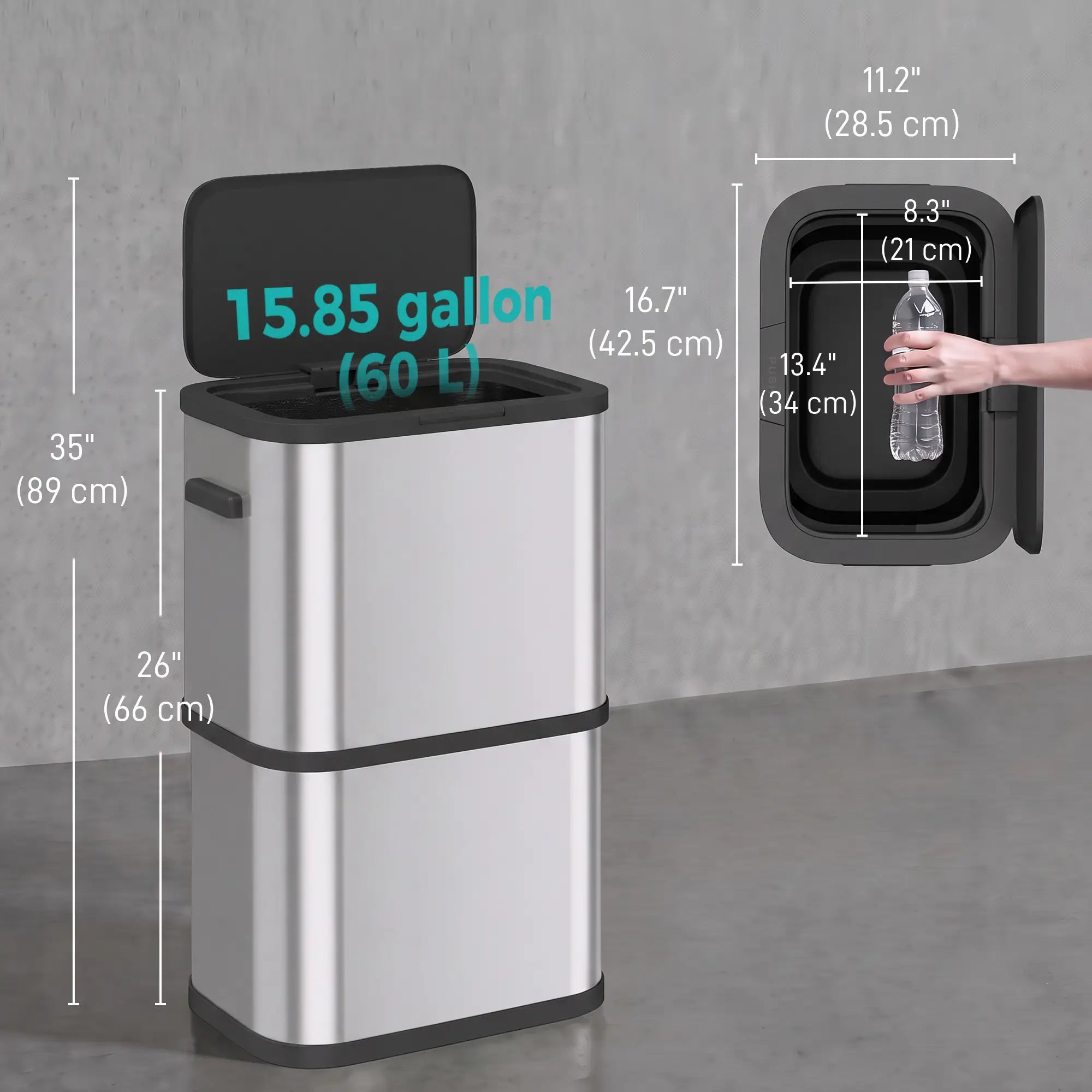 60 L Slim Stainless Steel Trash Can, Soft-Close Lid, Silver Kitchen Trash Cans at Gallery Canada