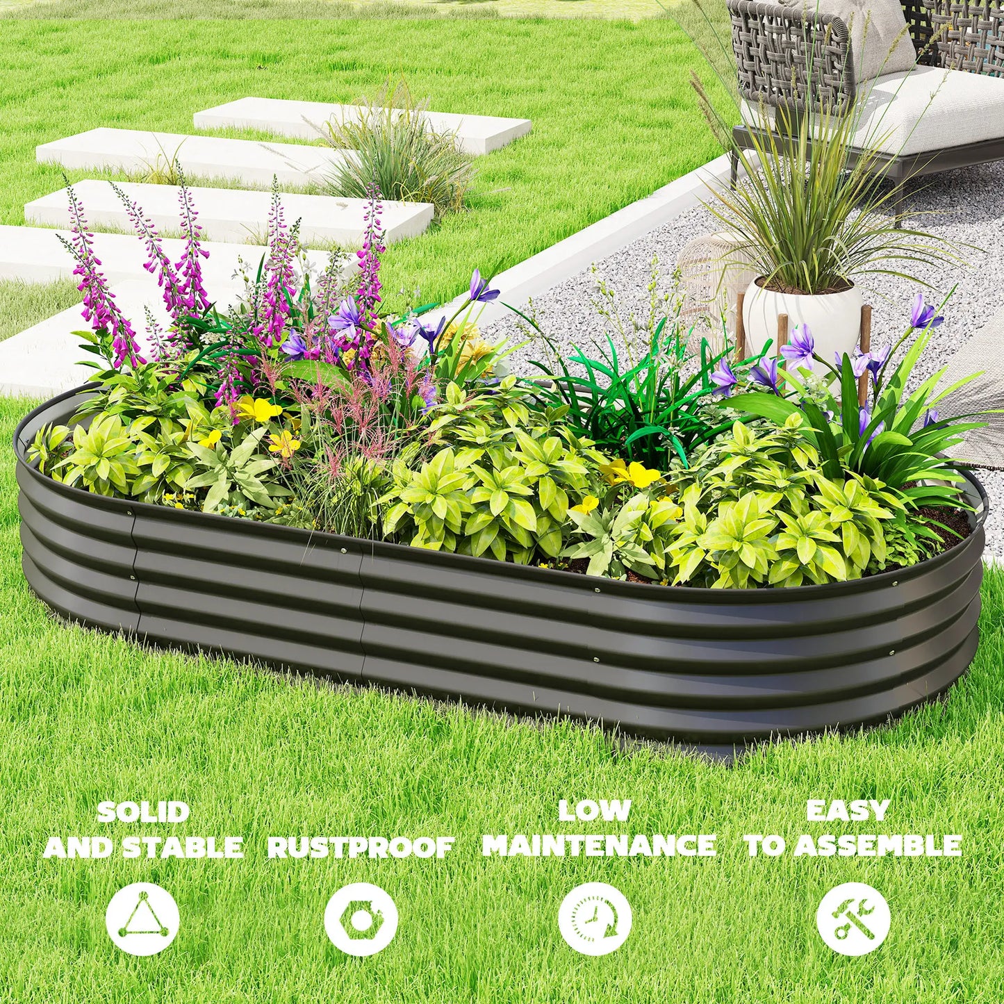 6' x 3' x 1' Lit de jardin surélevé galvanisé, Tuteur de plante métallique, Noir