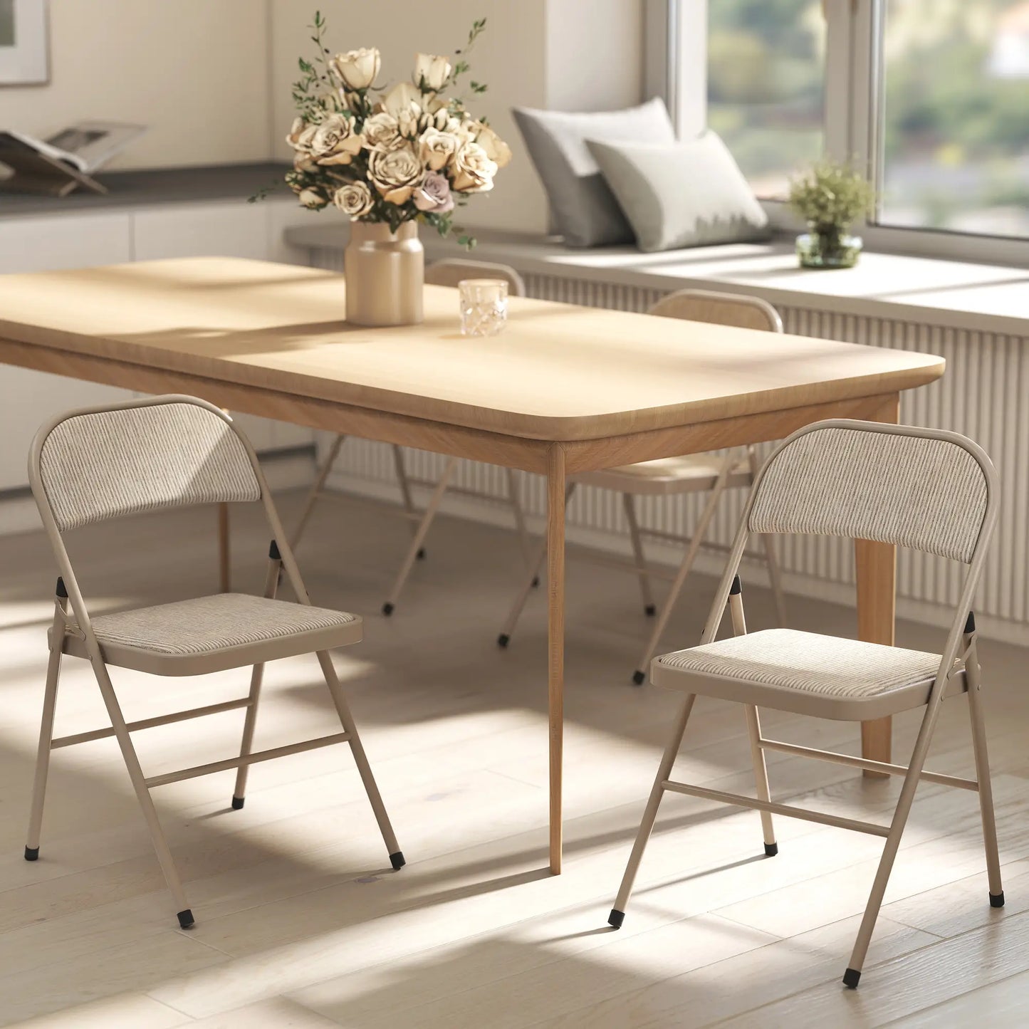 Metal Foldable Chairs, Linen Fabric Padded, Cushion Seat, Open Back, Beige Dining Chairs at Gallery Canada