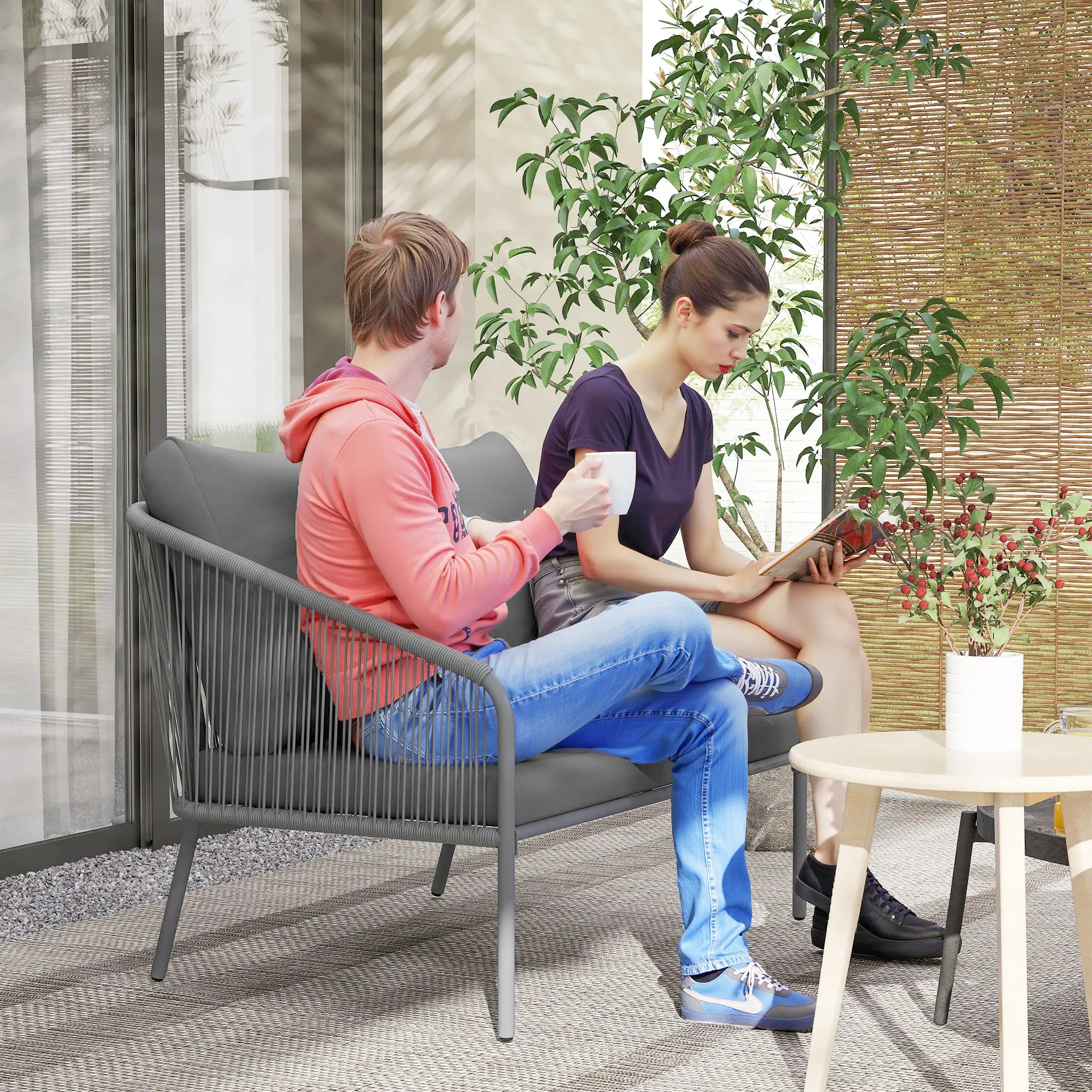 Outdoor Rattan Sofa With Cushions, 2-Seater, 112 x 72 x 76 cm, Grey Patio Furniture Sets at Gallery Canada