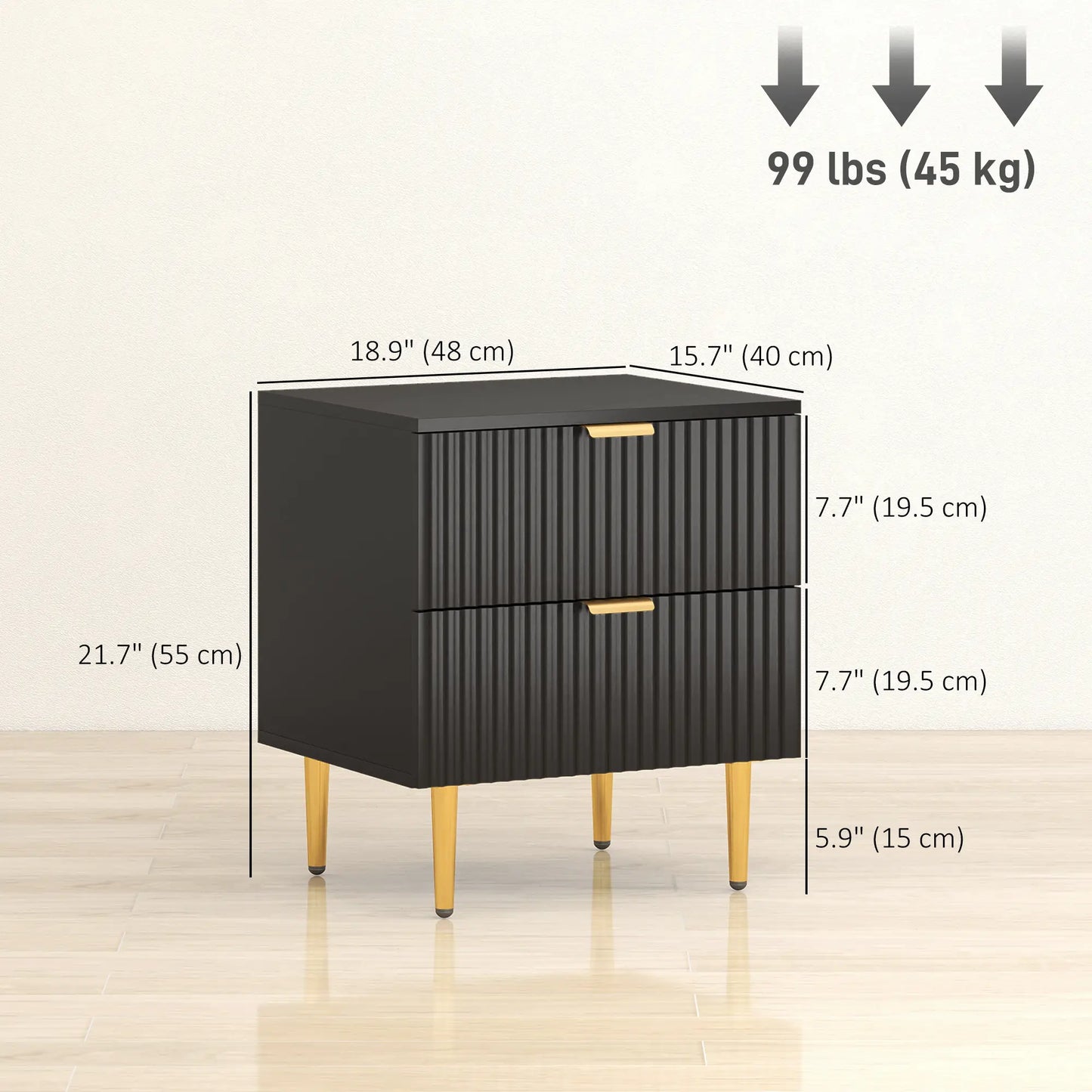 Modern Nightstand Set of 2, 2 Drawers, Metal Legs, Black Bedside Tables at Gallery Canada