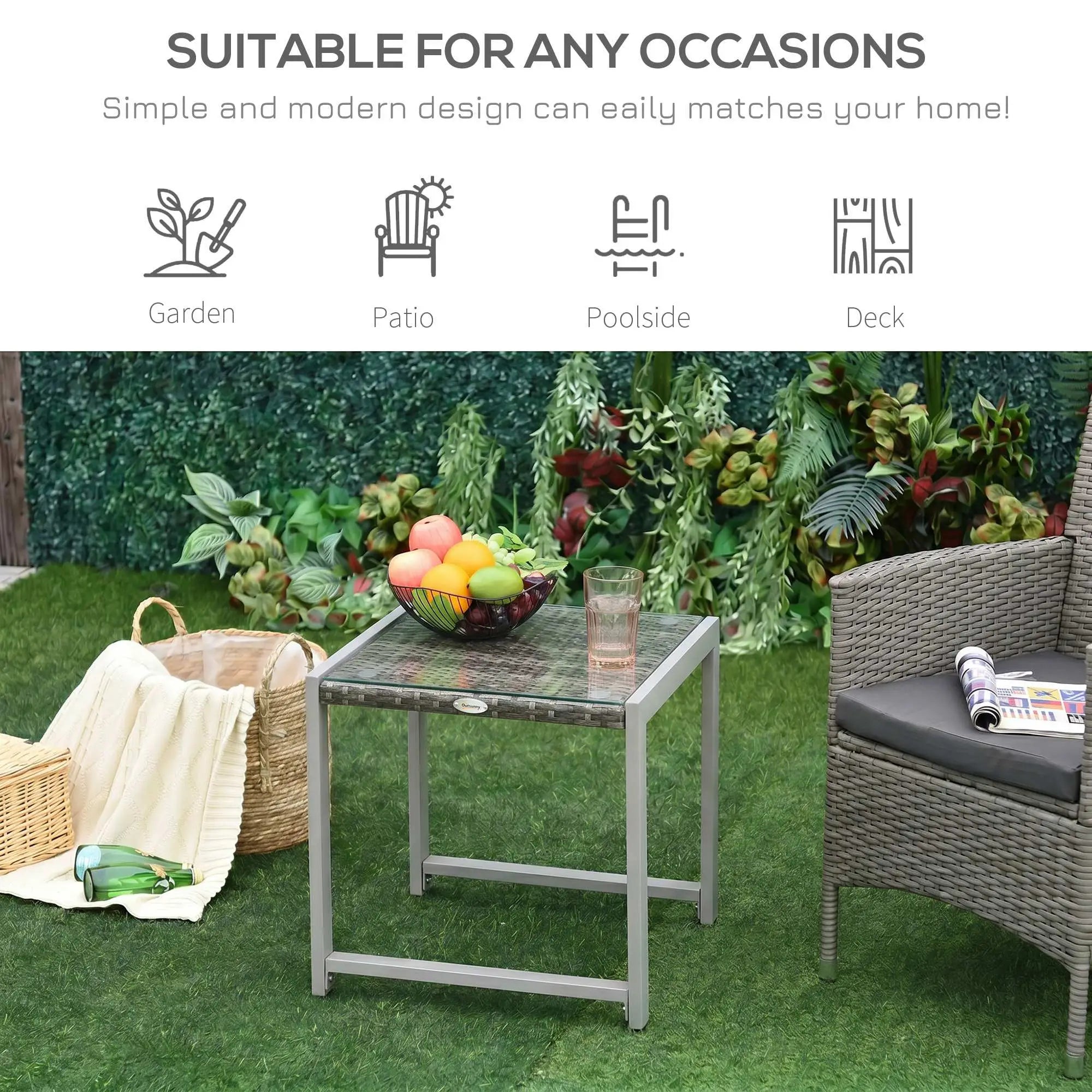 Rattan Coffee Table, Wicker Patio Side Table, Tempered Glass Top, Aluminum Frame, Gray Patio Side Tables at Gallery Canada