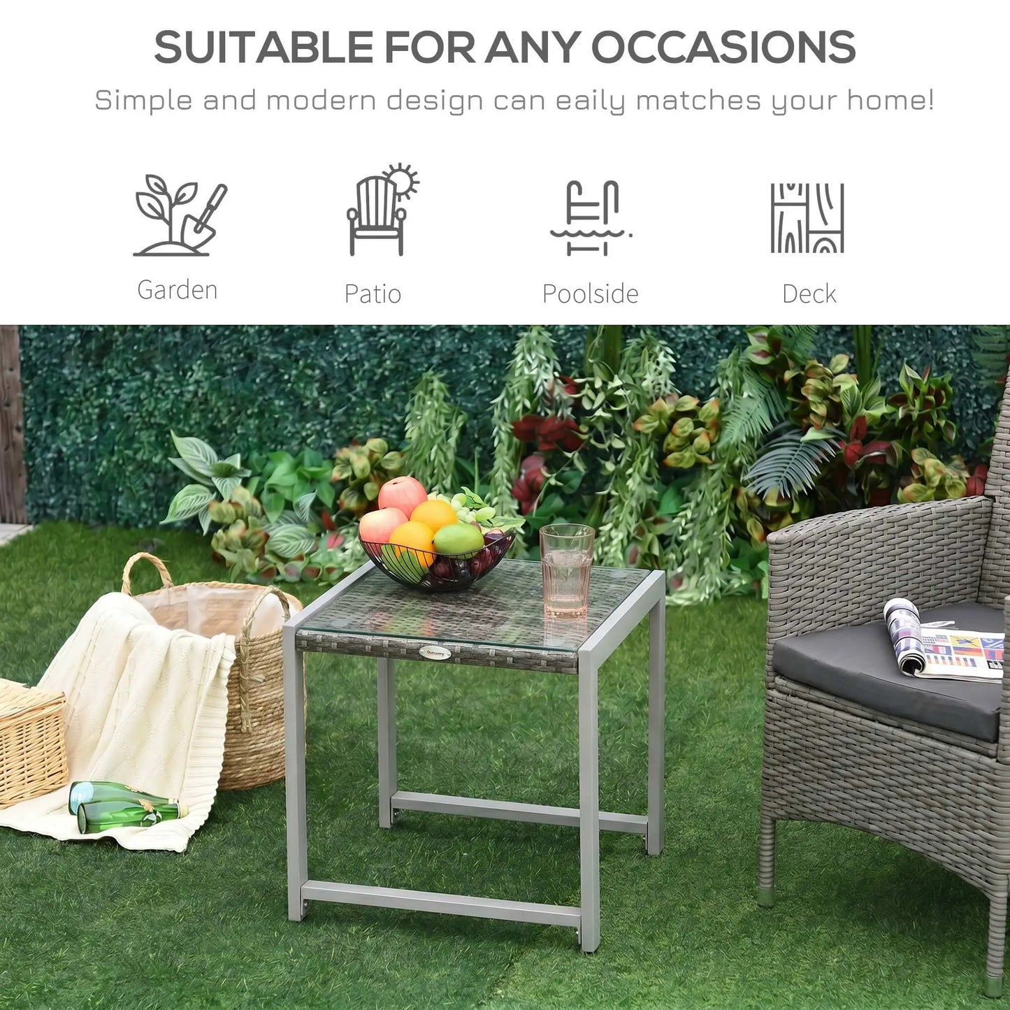 Rattan Coffee Table, Wicker Patio Side Table, Tempered Glass Top, Aluminum Frame, Gray Patio Side Tables at Gallery Canada