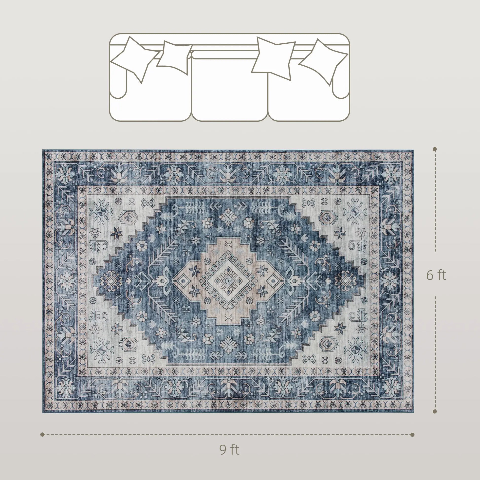 6x9 Vintage Washable Non-Slip Rug, for Living Room, Bedroom, Blue Living Room Furniture at Gallery Canada