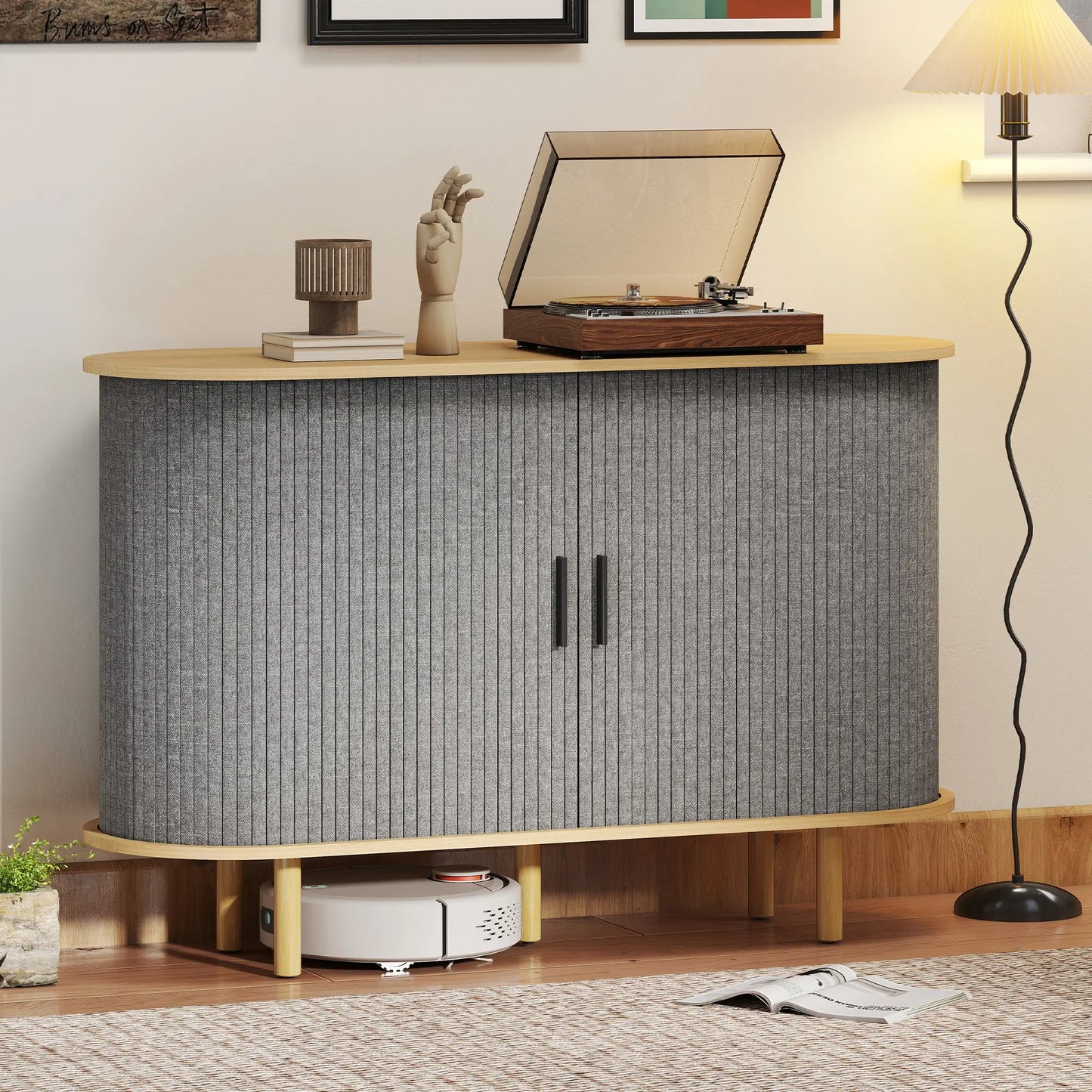 47" Buffet Cabinet, Tambour Sliding Doors, Fluted Sideboard, Grey Bar Cabinets at Gallery Canada