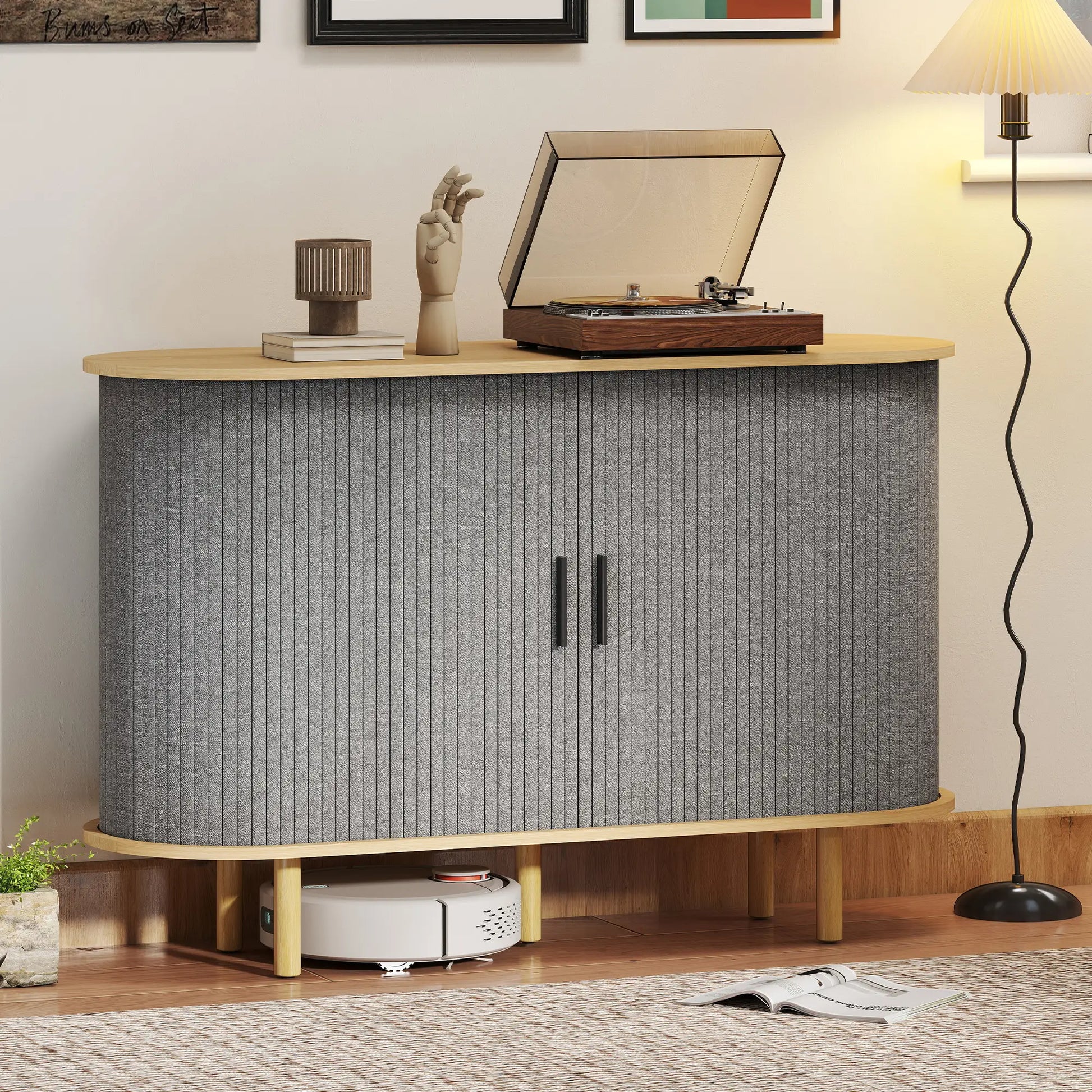 47" Buffet Cabinet, Tambour Sliding Doors, Fluted Sideboard, Grey Bar Cabinets at Gallery Canada